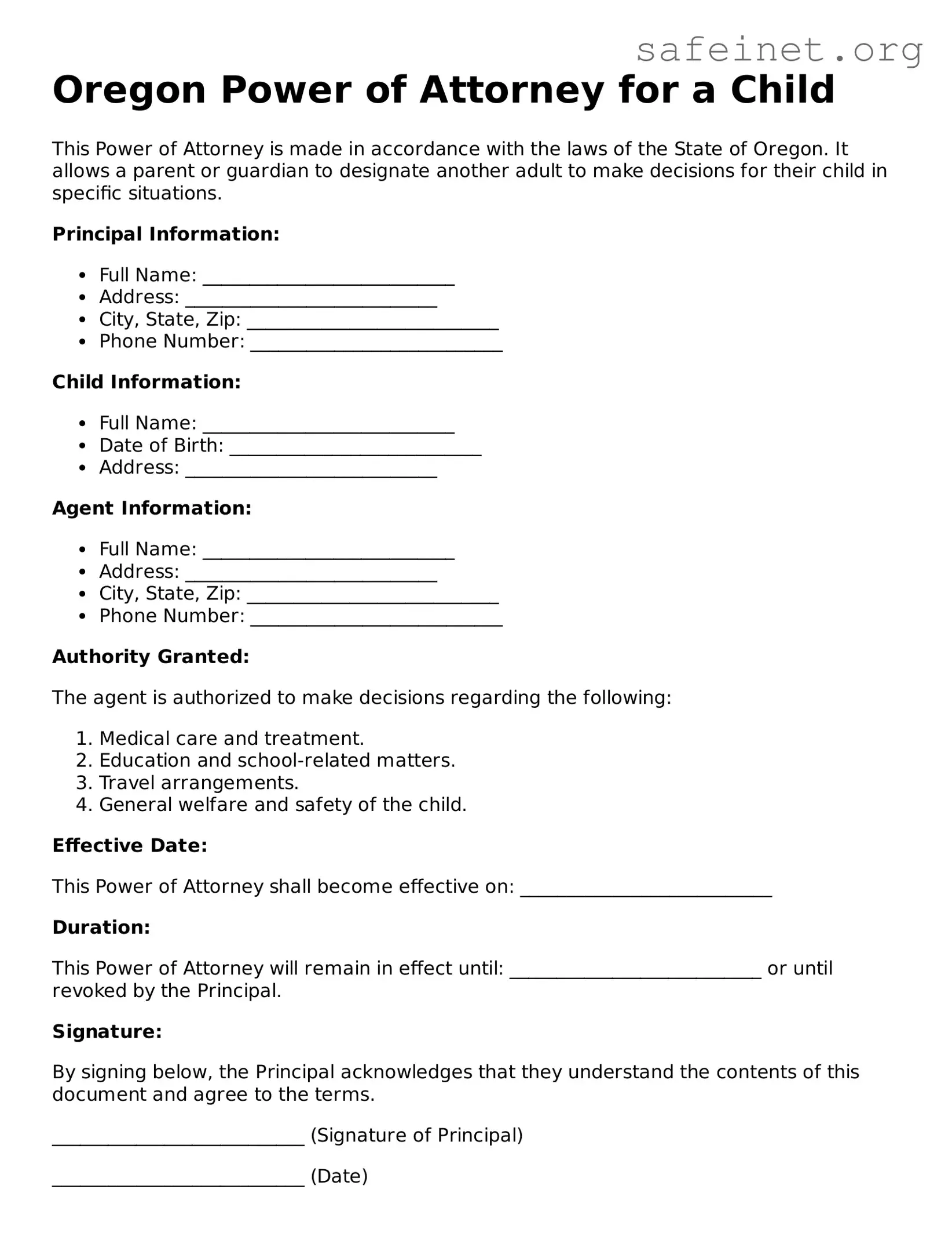 Valid Power of Attorney for a Child Template for the State of Oregon