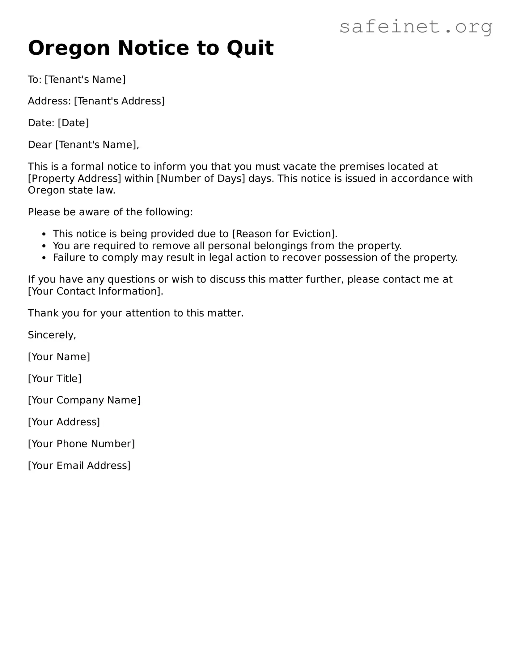 Valid Notice to Quit Template for the State of Oregon