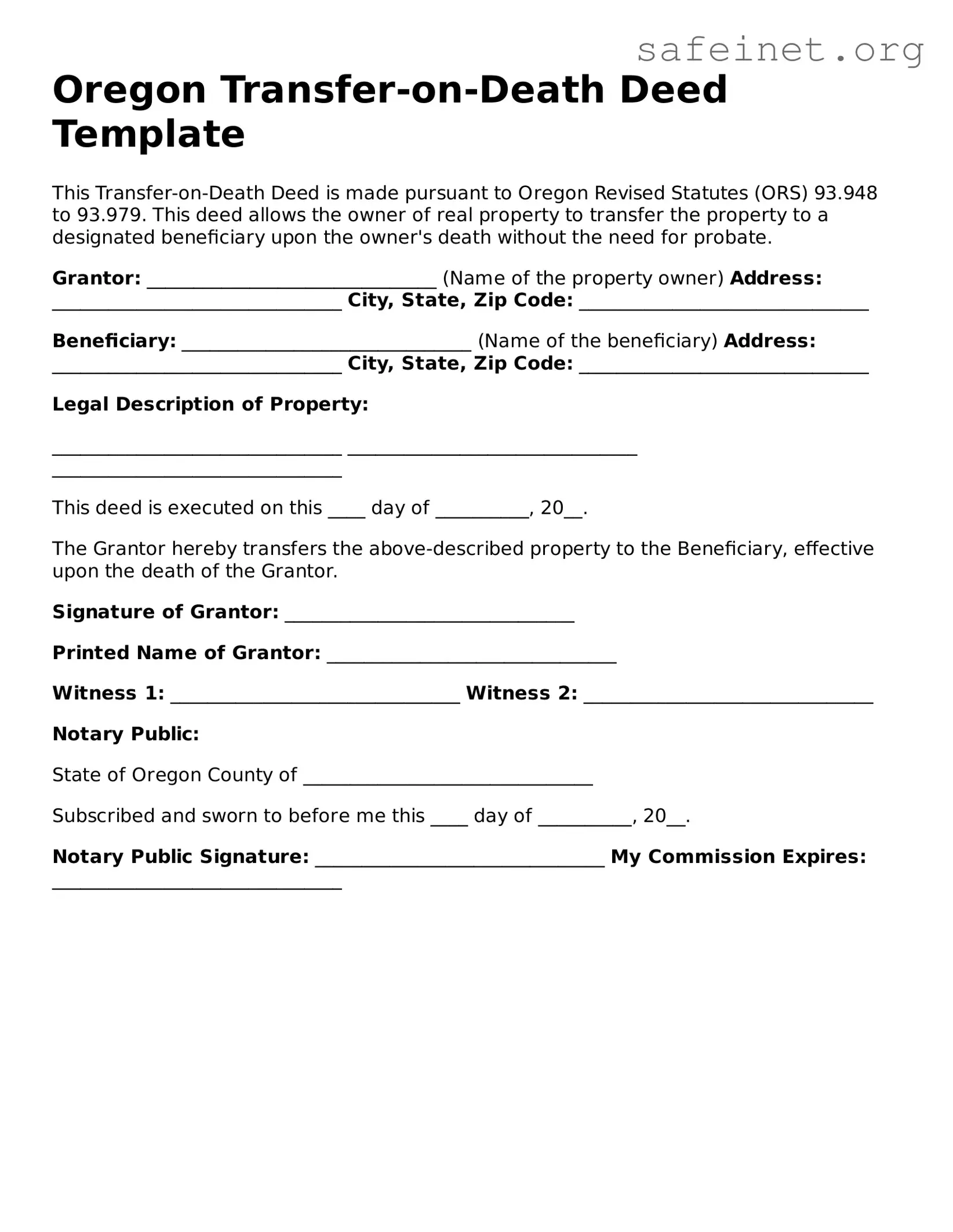 Valid Transfer-on-Death Deed Template for the State of Oregon
