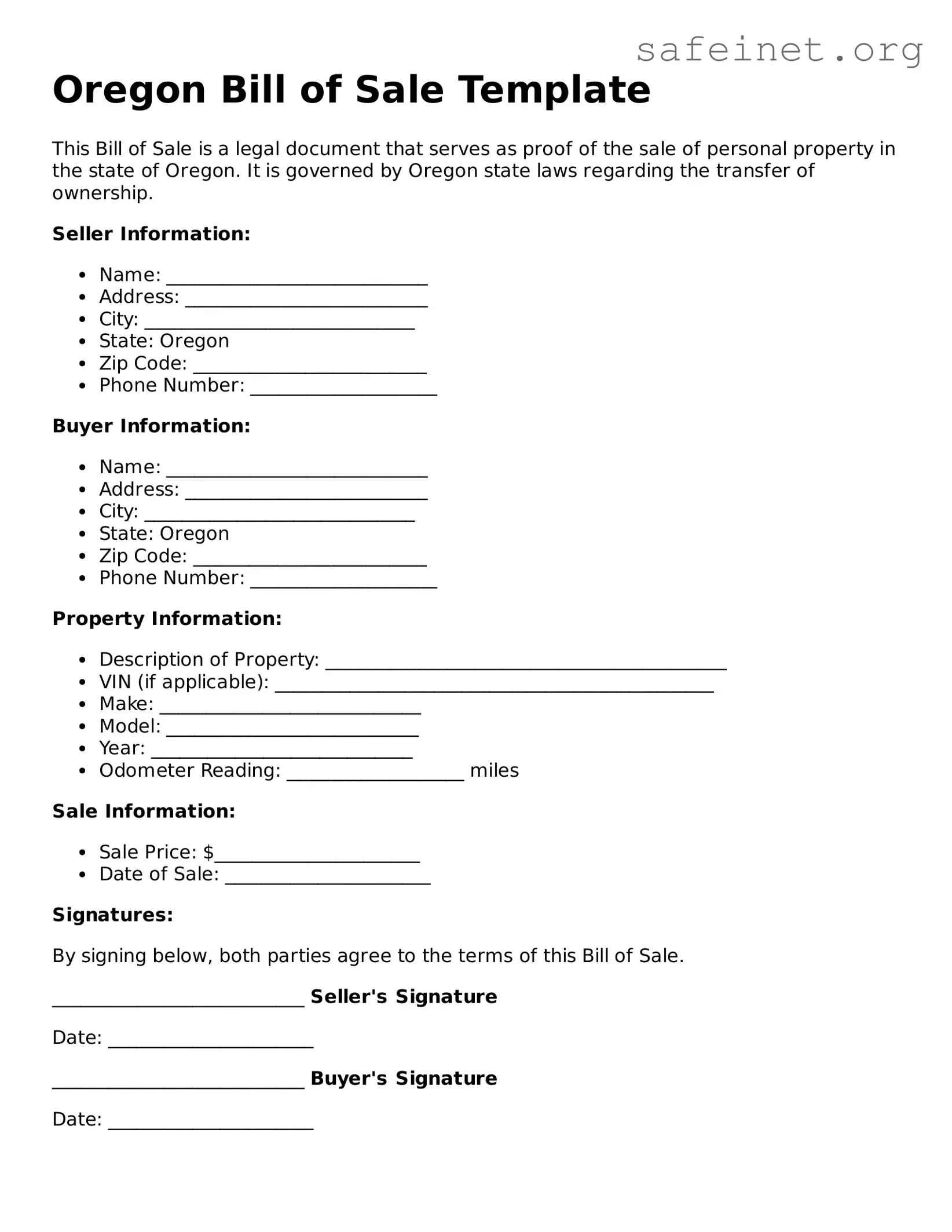Valid Bill of Sale Template for the State of Oregon