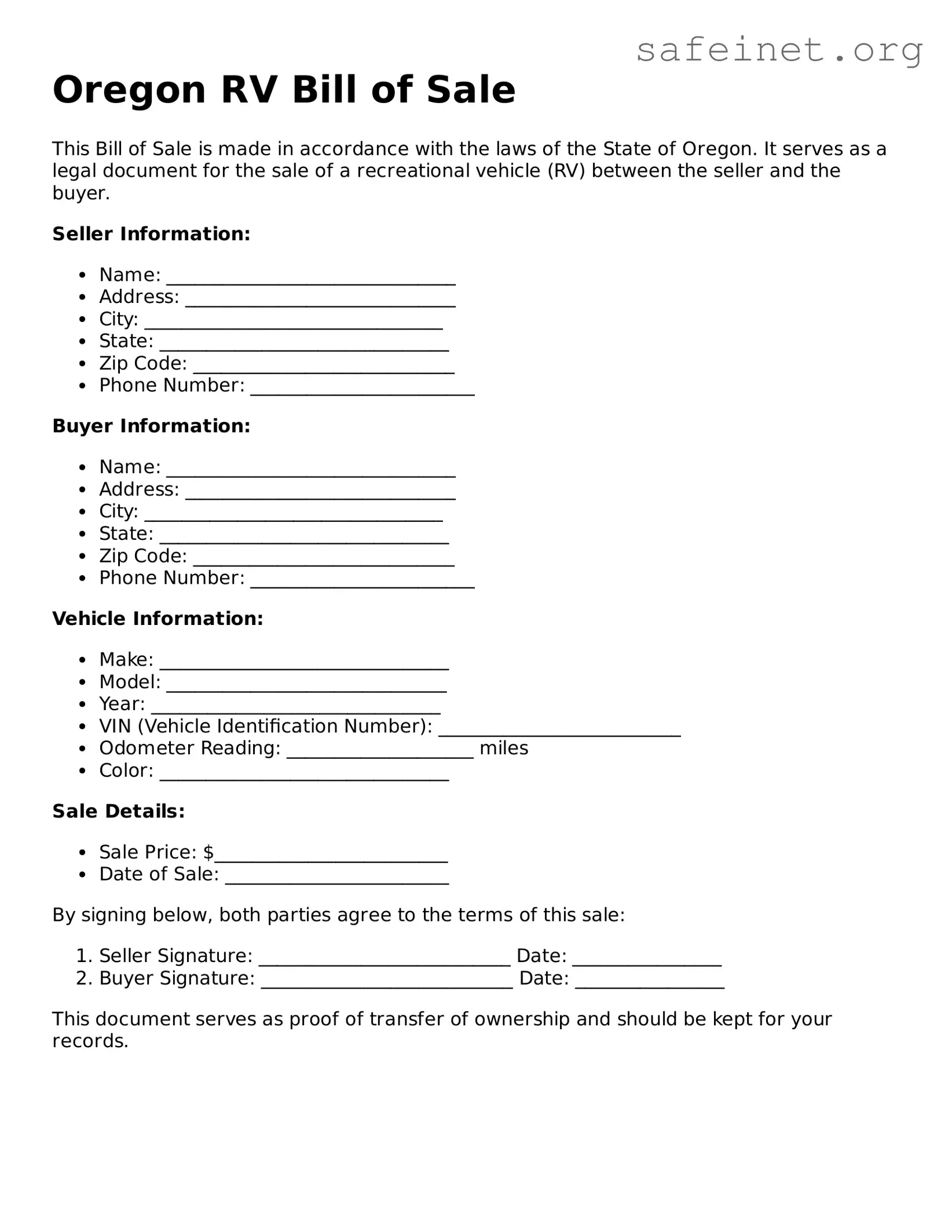 Valid RV Bill of Sale Template for the State of Oregon