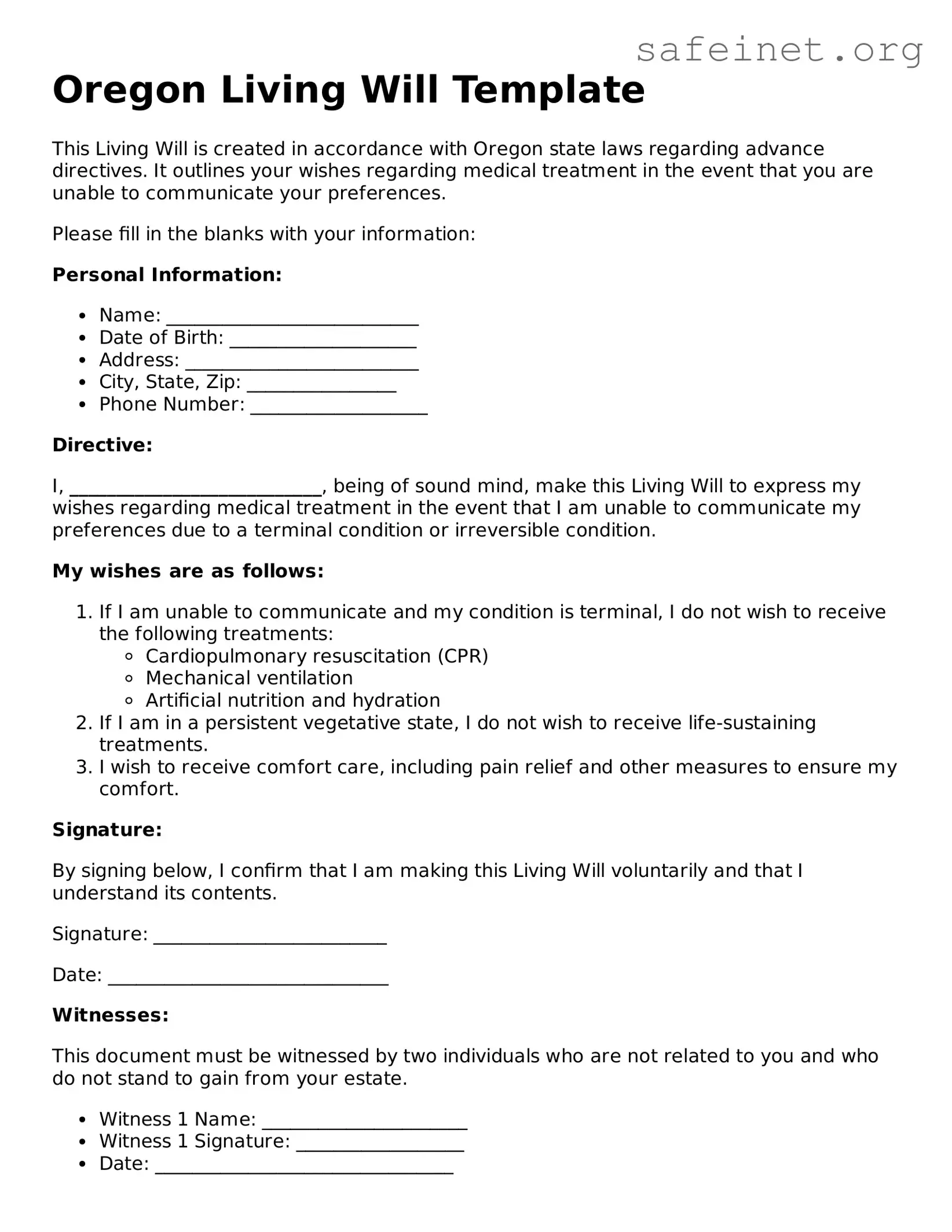 Valid Living Will Template for the State of Oregon