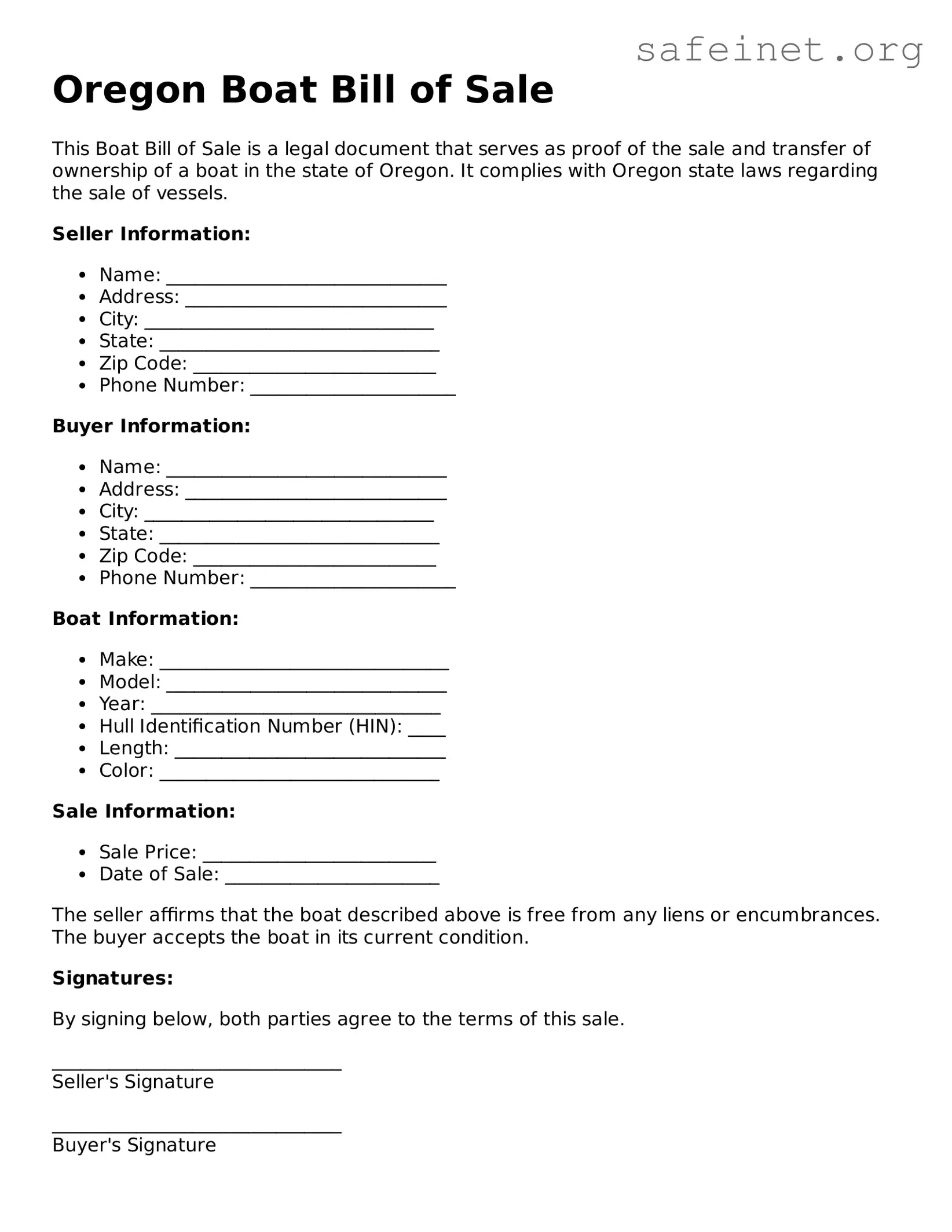 Valid Boat Bill of Sale Template for the State of Oregon