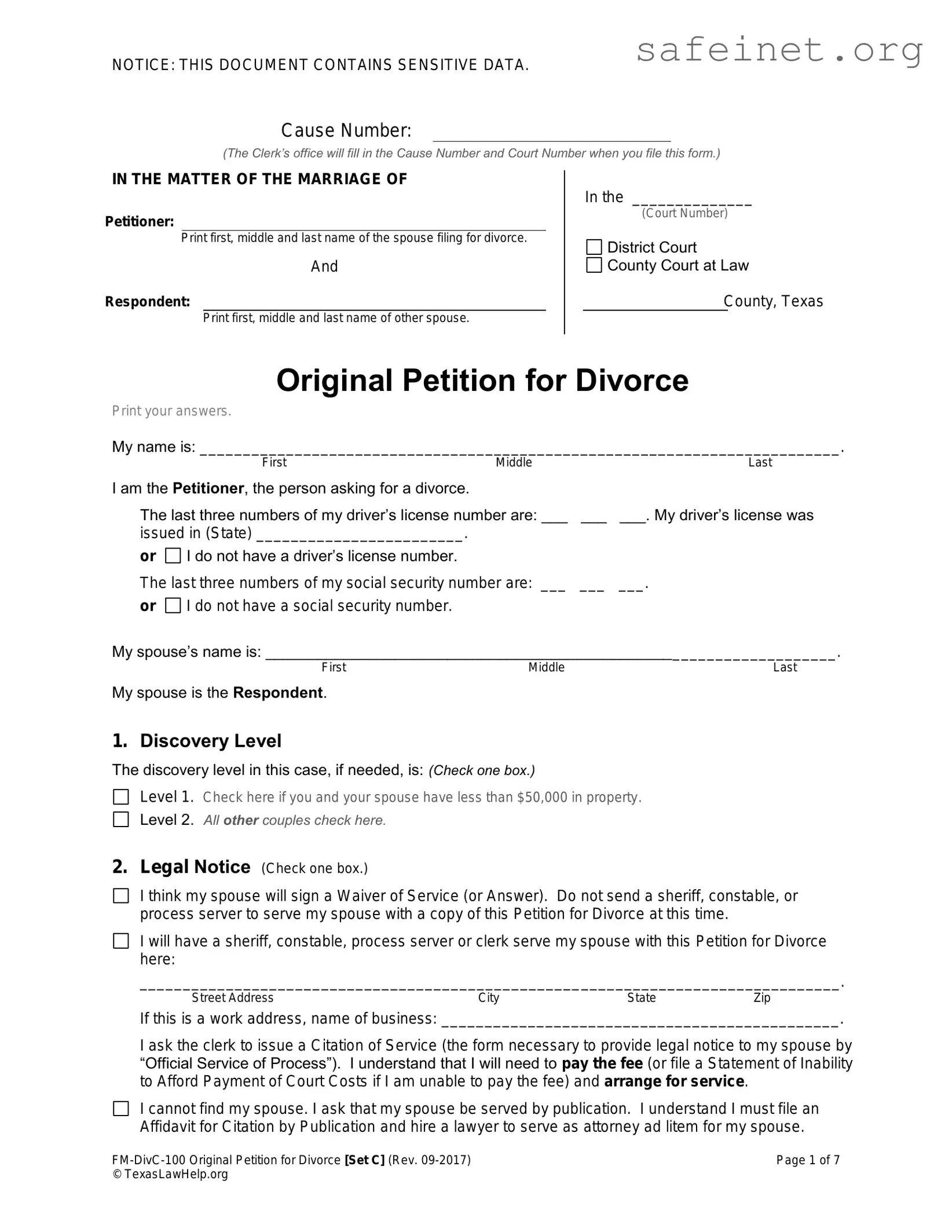 Blank Texas Law Help FM-DivC-100 Original Petition for Divorce Set C Template