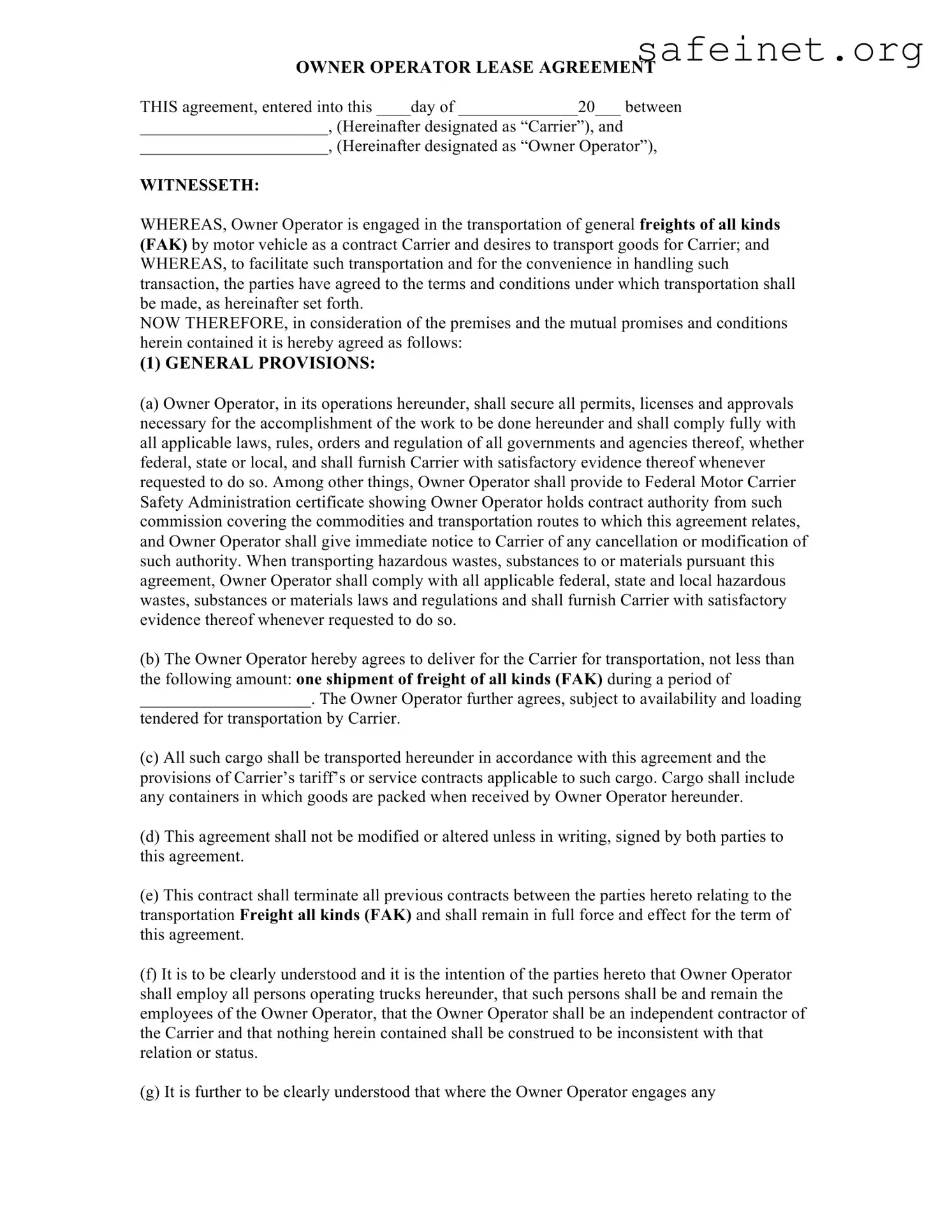 Blank Owner Operator Lease Agreement Template