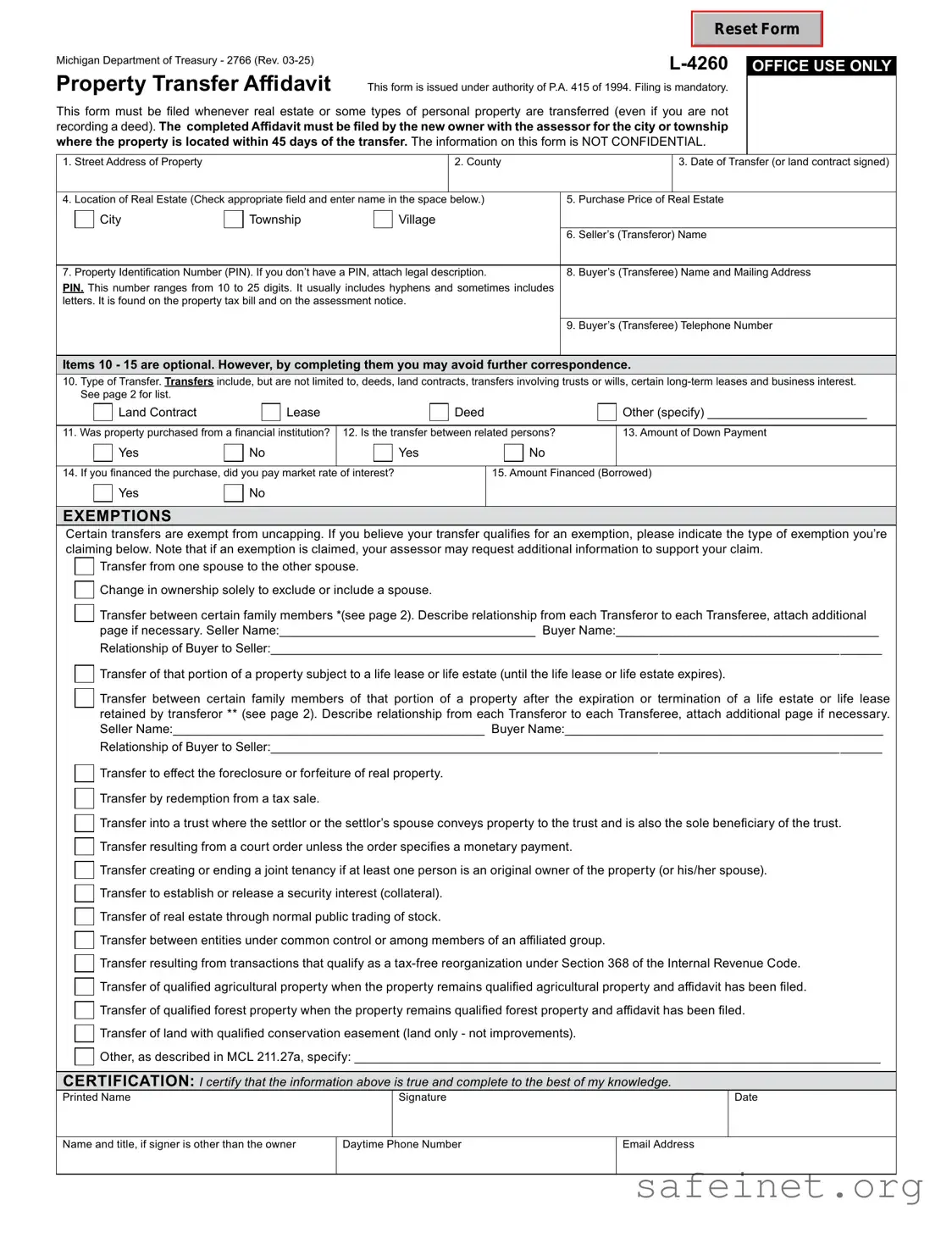 Blank Michigan Property Transfer Affidavit 2766 Template