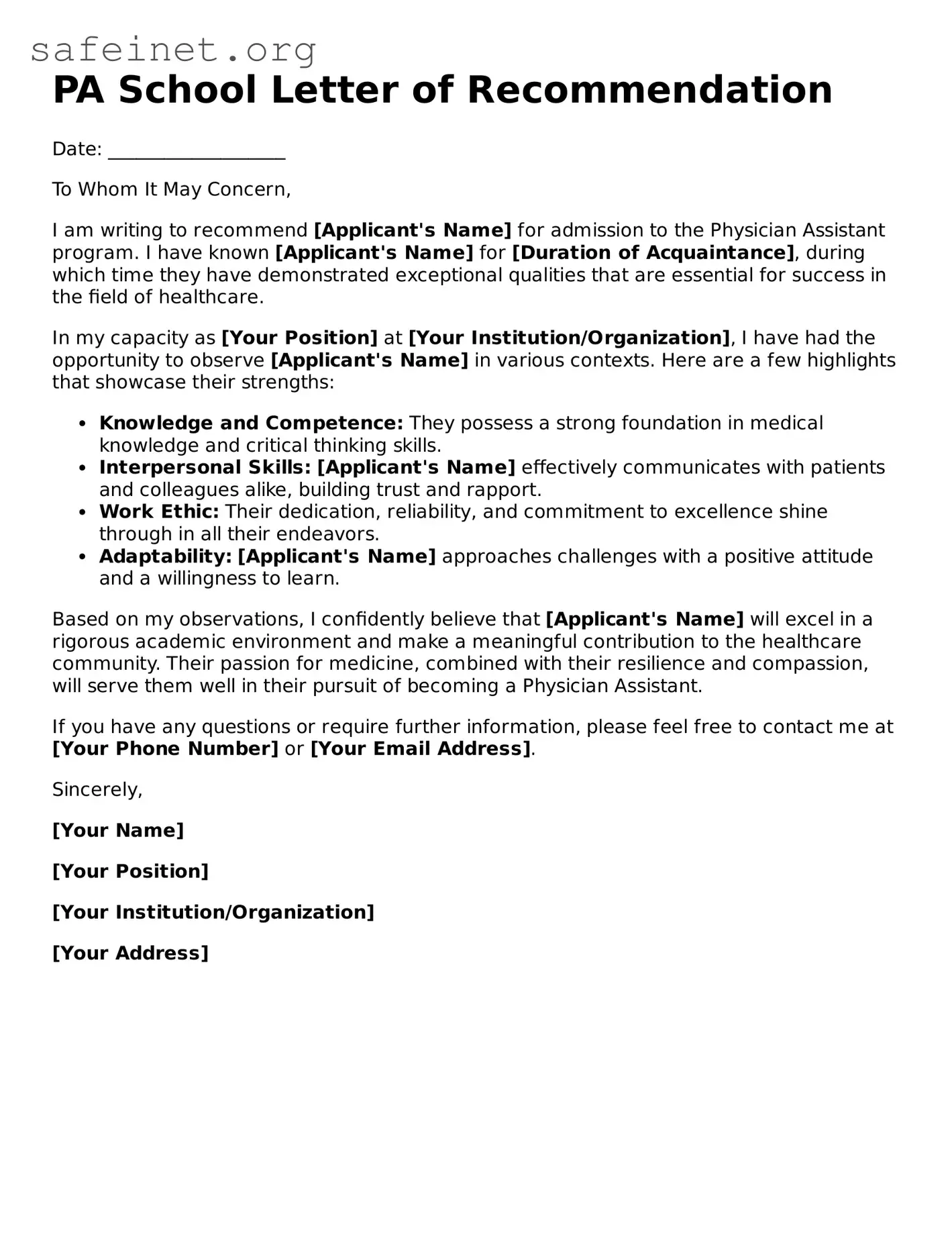 Official PA School Letter of Recommendation Document