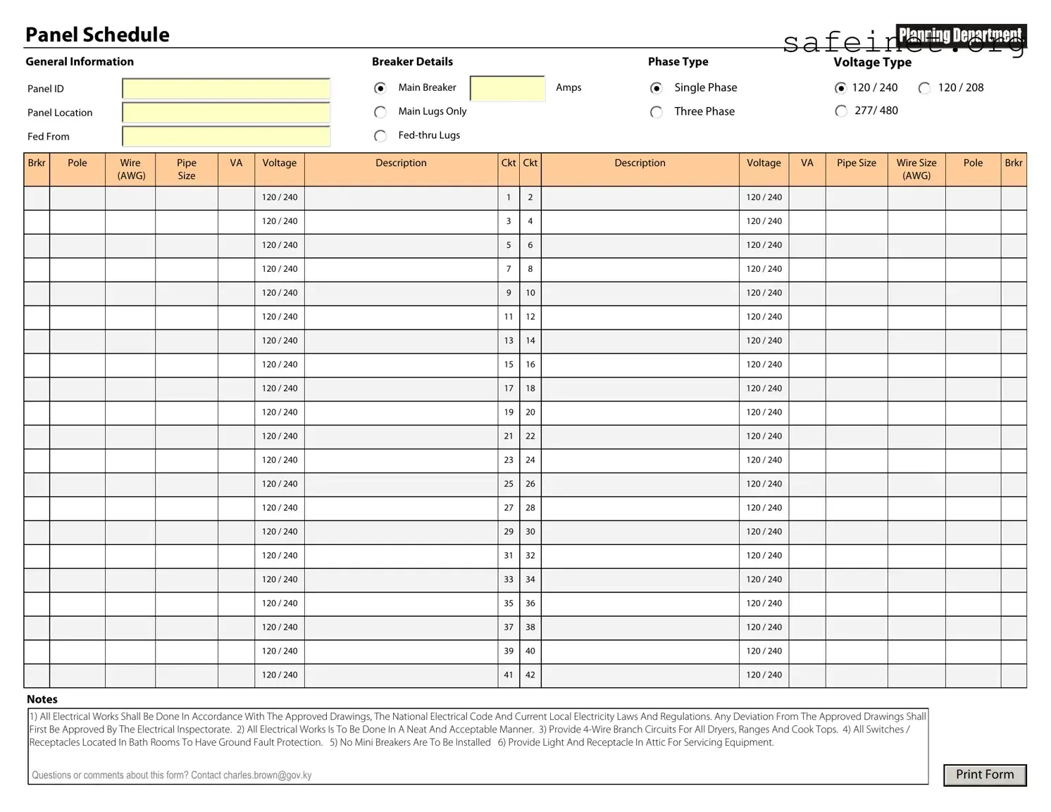 Blank Electrical Panel Schedule Template