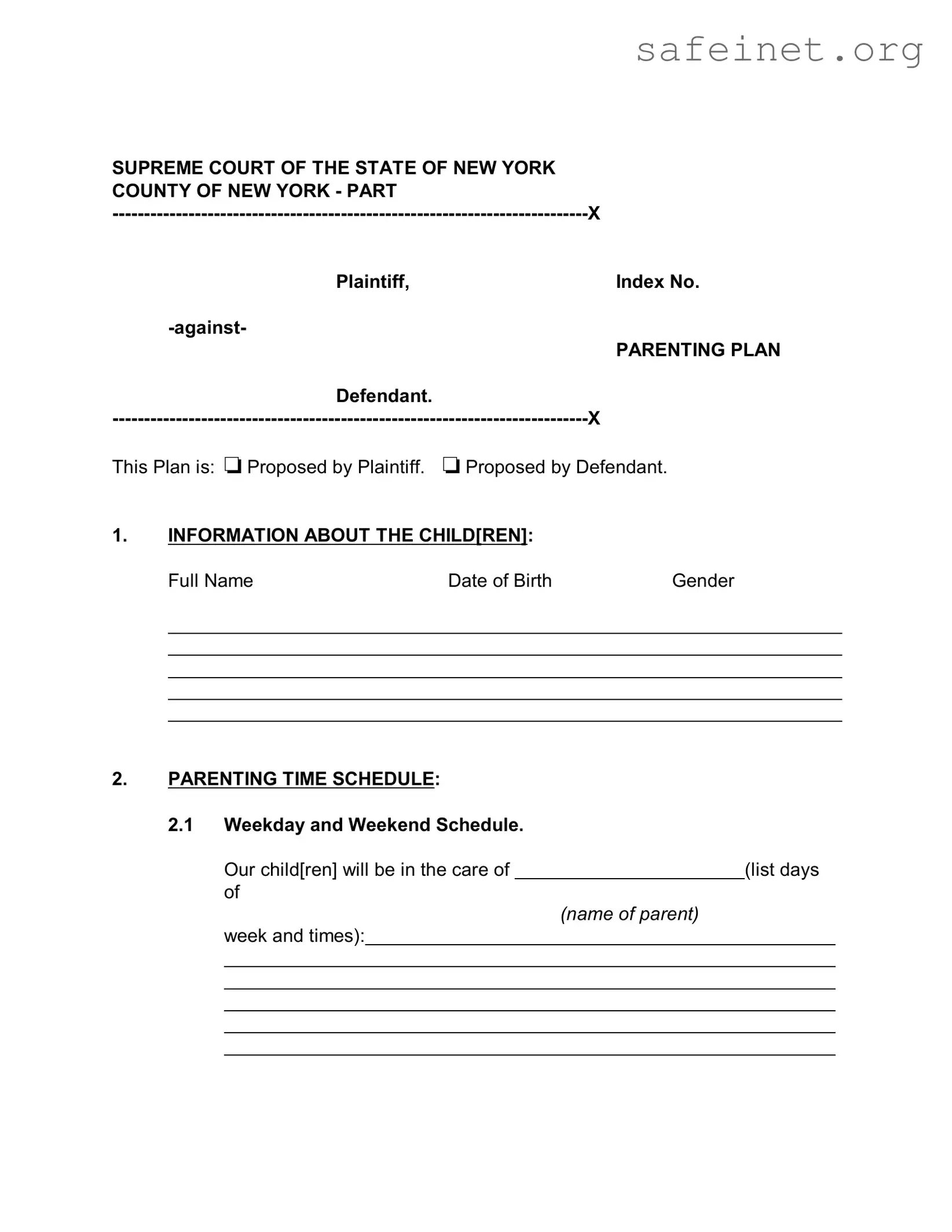 Blank New York Parenting Plan Template