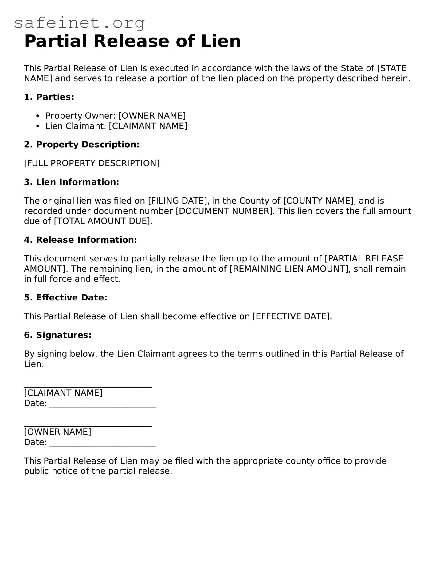 Official Partial Release of Lien Document