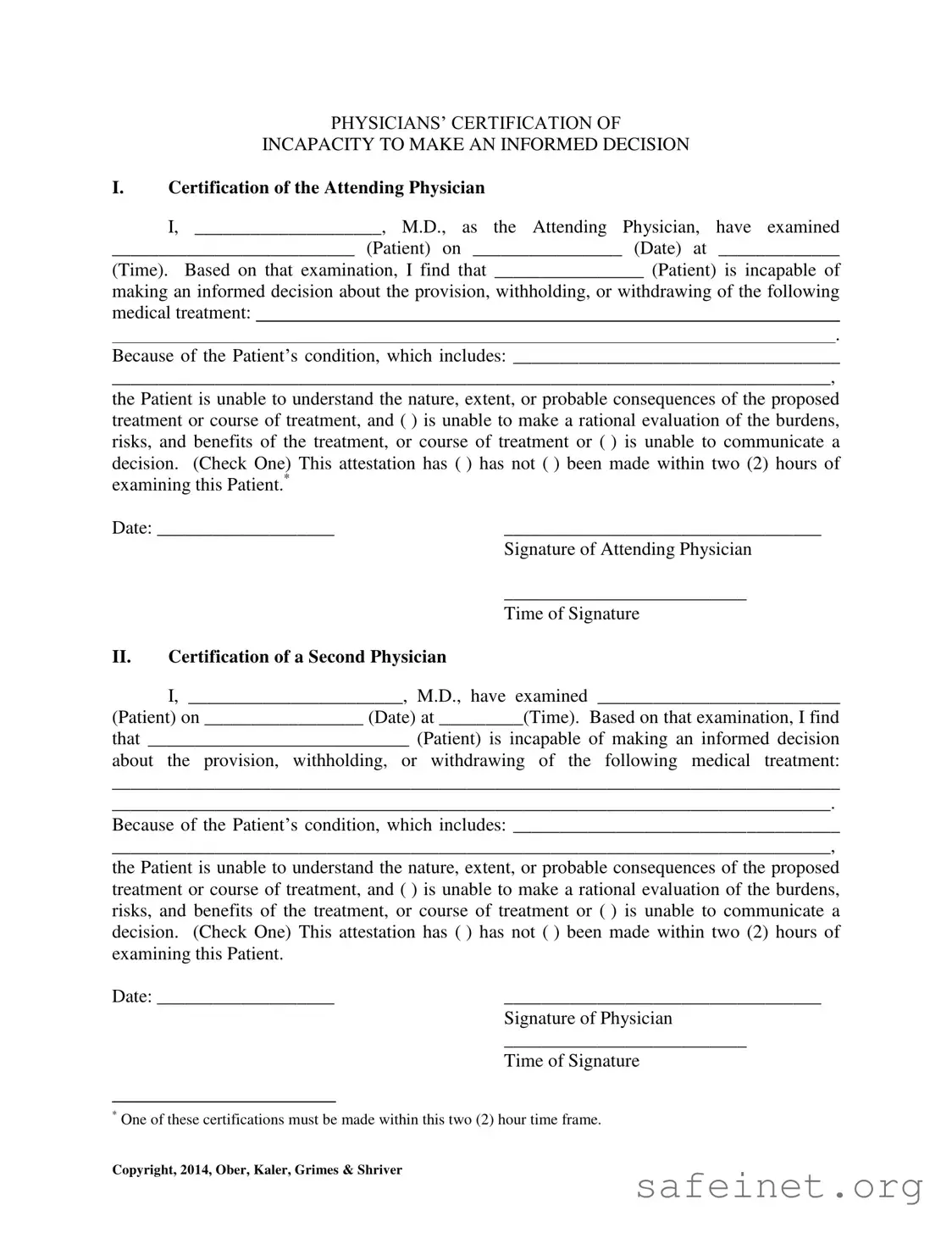 Blank Certification Of Incapacity Template