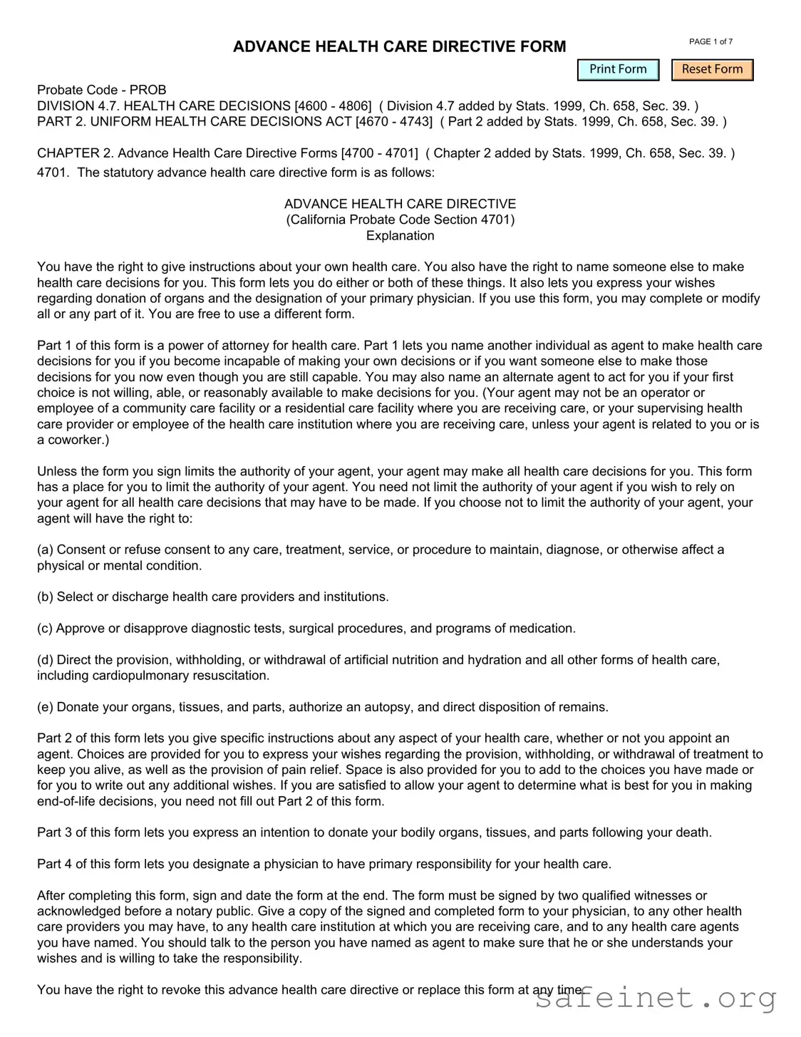 Blank California Advanced Health Care Directive Template