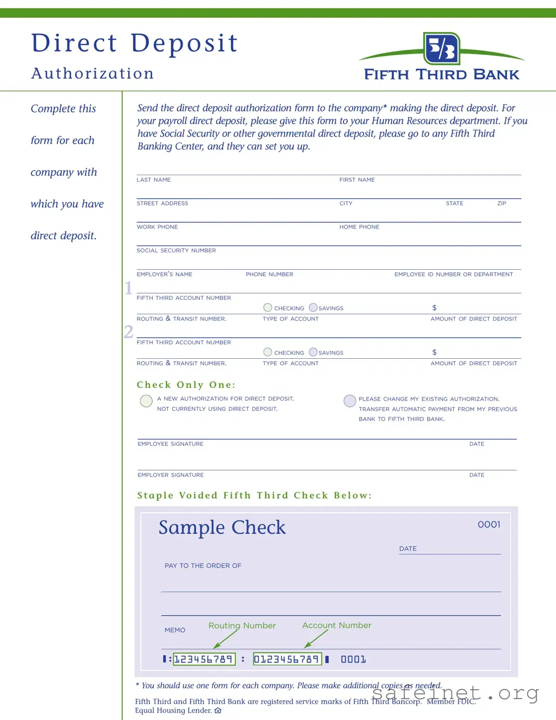 Blank Fifth Third Bank Direct Deposit Template
