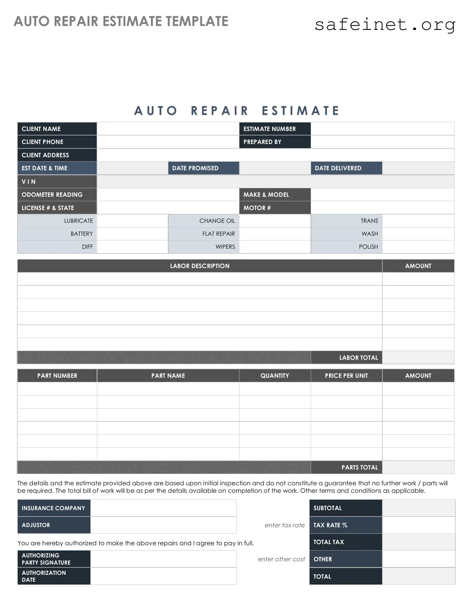 Blank Auto Repair Estimate Template