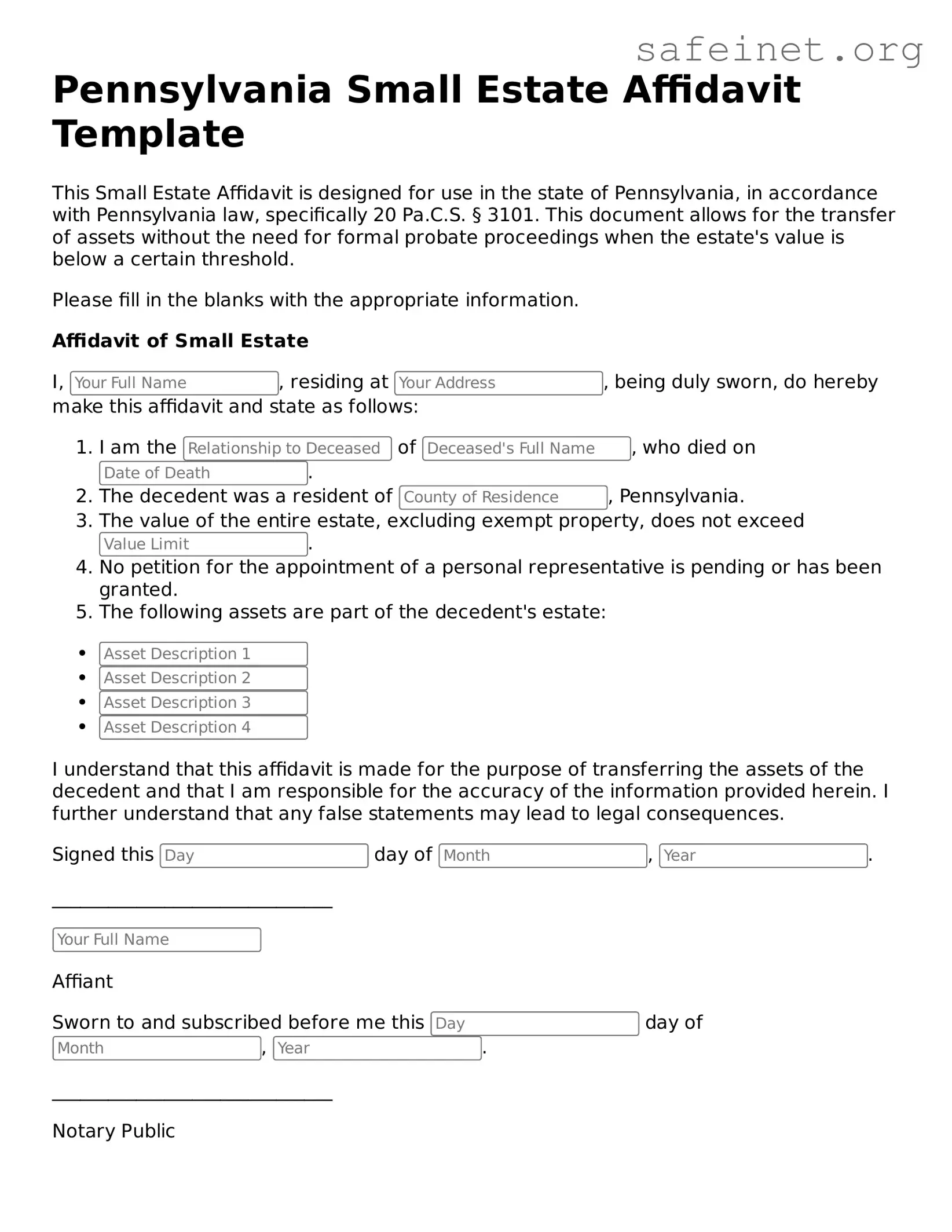 Valid Small Estate Affidavit Template for the State of Pennsylvania
