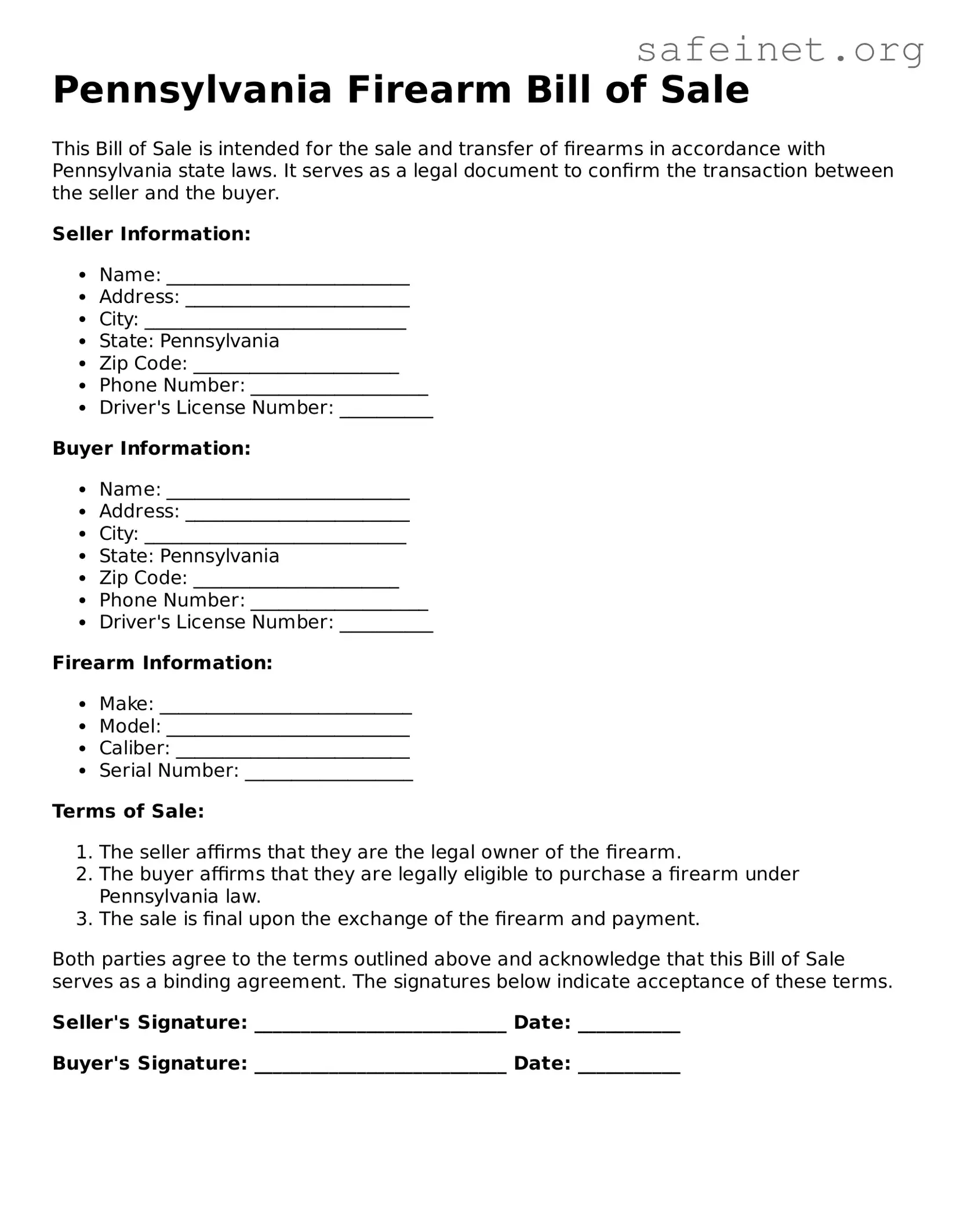 Valid Firearm Bill of Sale Template for the State of Pennsylvania