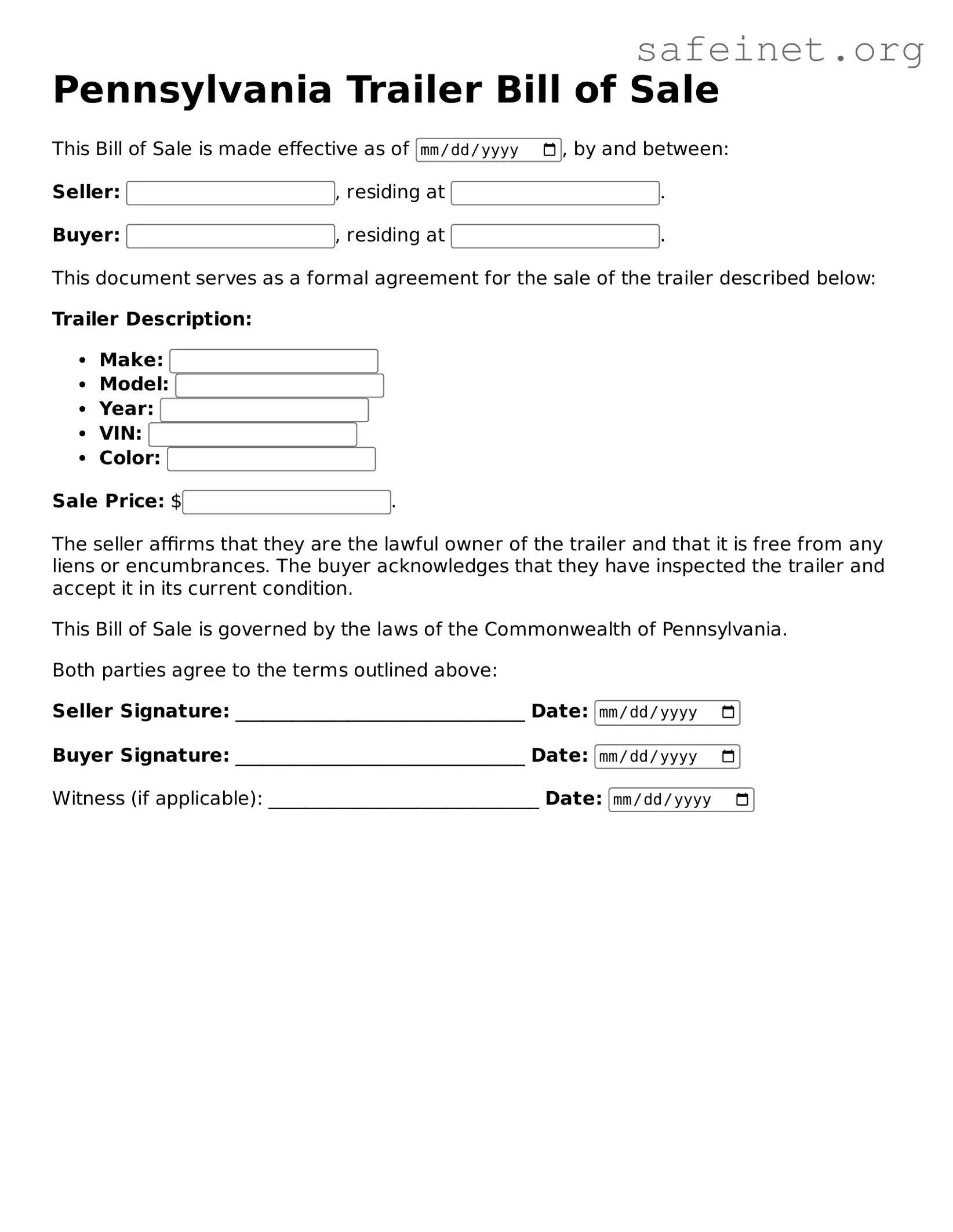 Valid Trailer Bill of Sale Template for the State of Pennsylvania