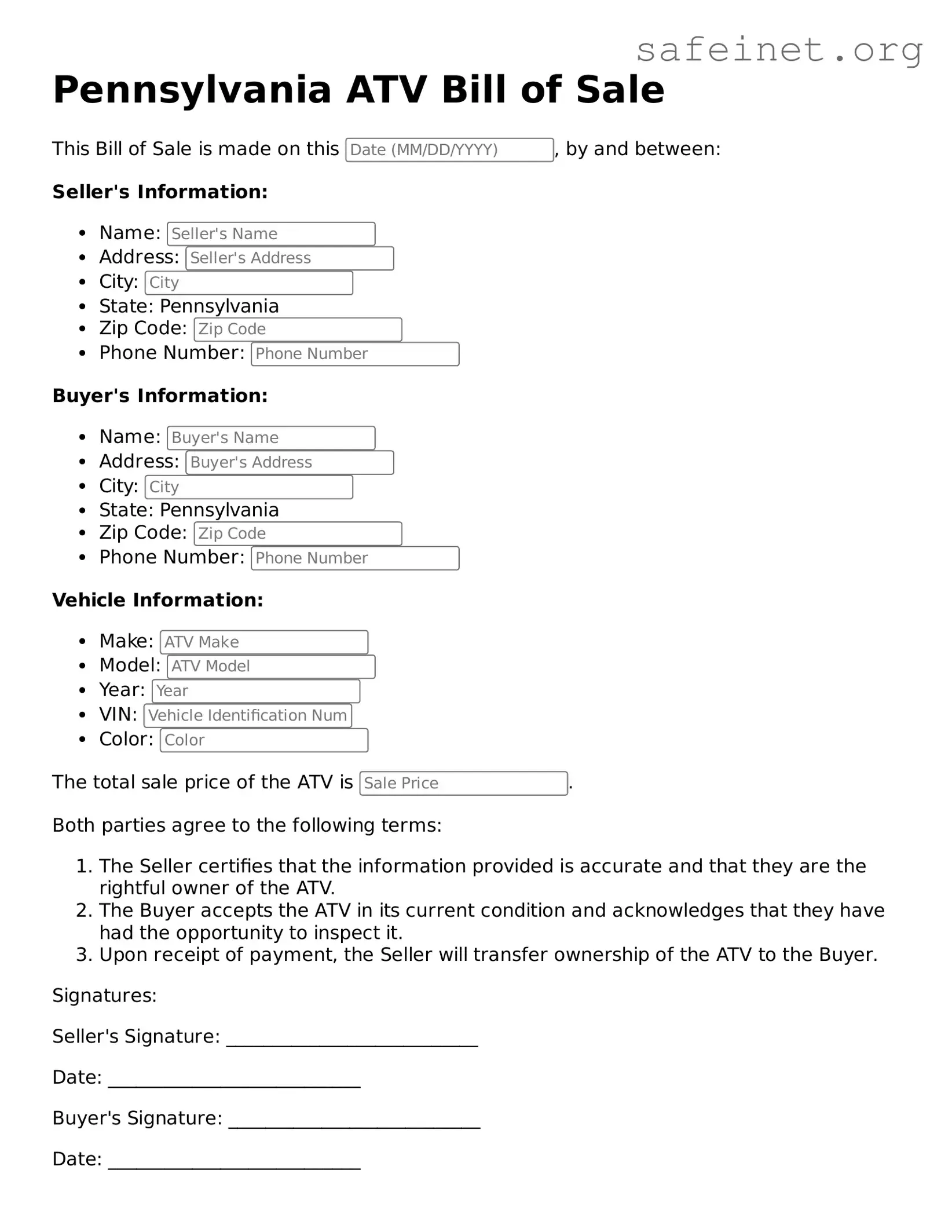 Valid ATV Bill of Sale Template for the State of Pennsylvania