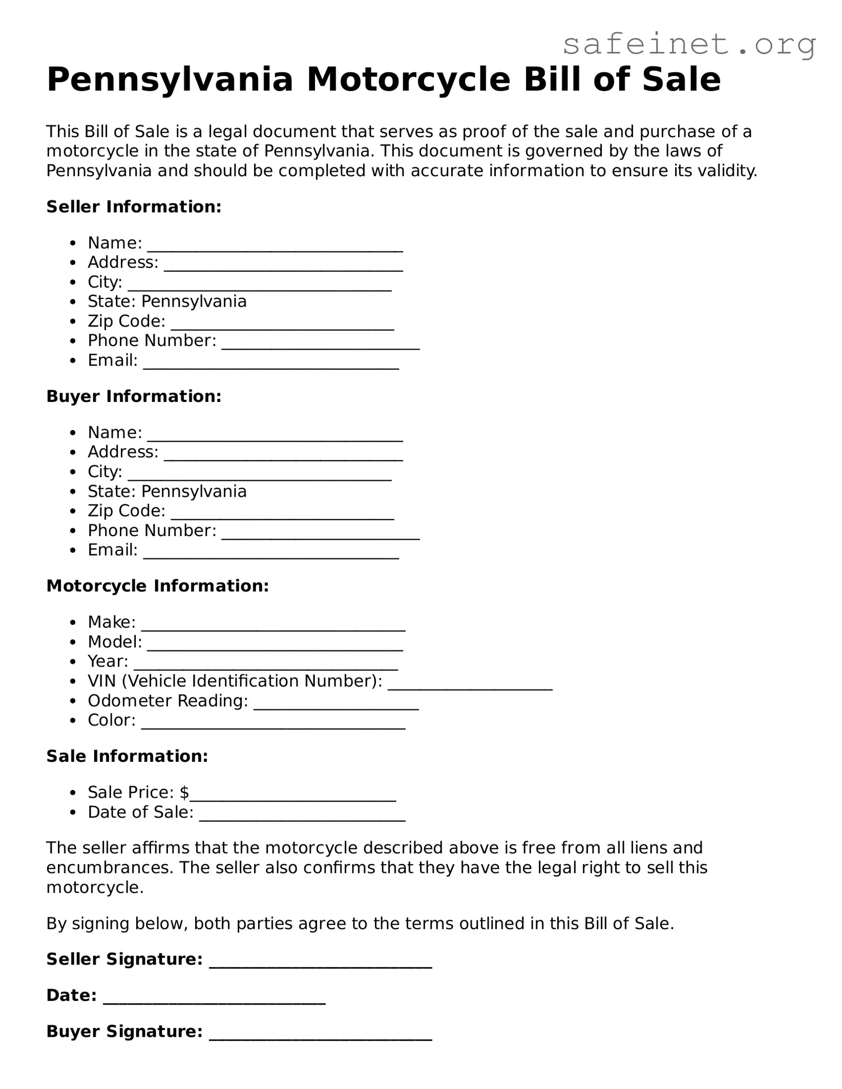 Valid Motorcycle Bill of Sale Template for the State of Pennsylvania