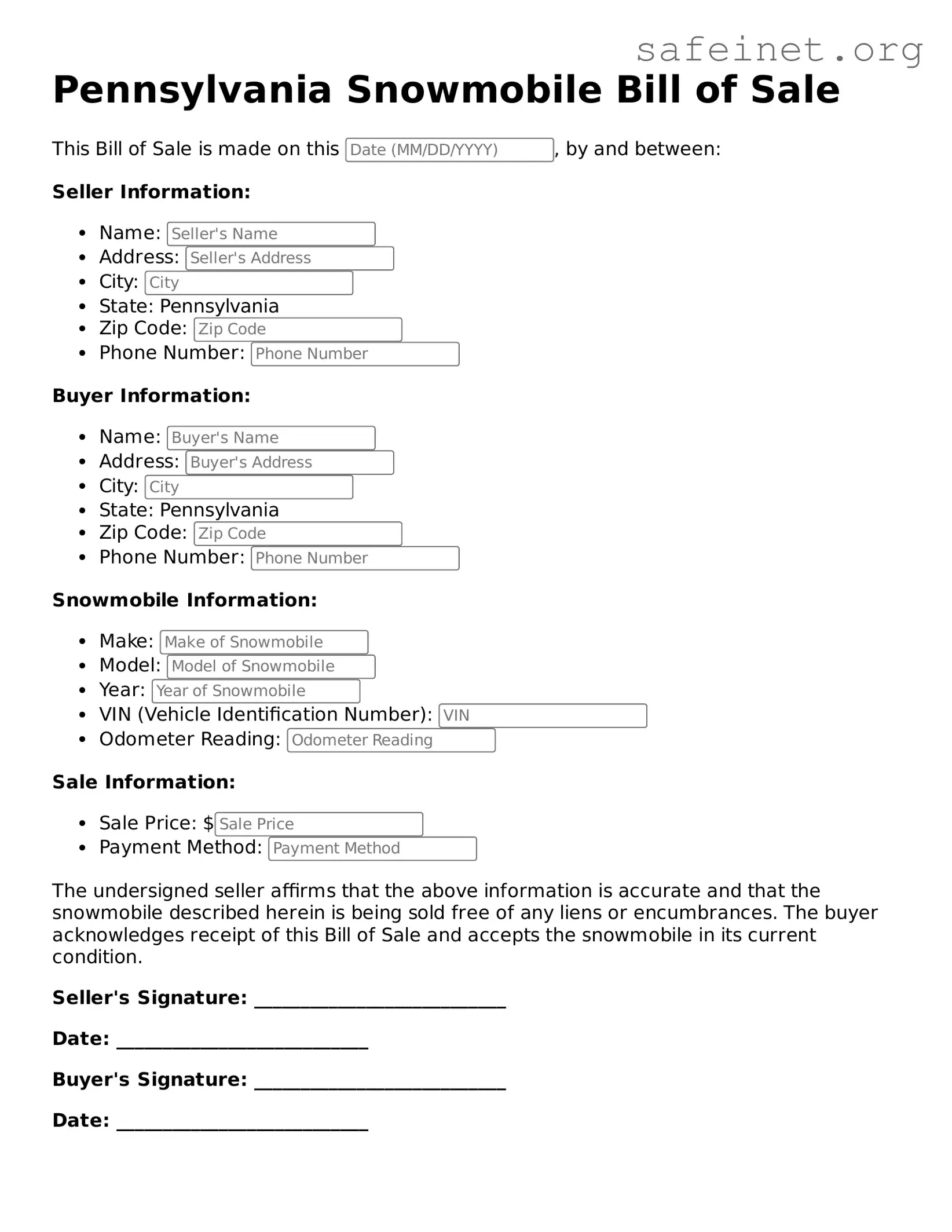 Valid Snowmobile Bill of Sale Template for the State of Pennsylvania