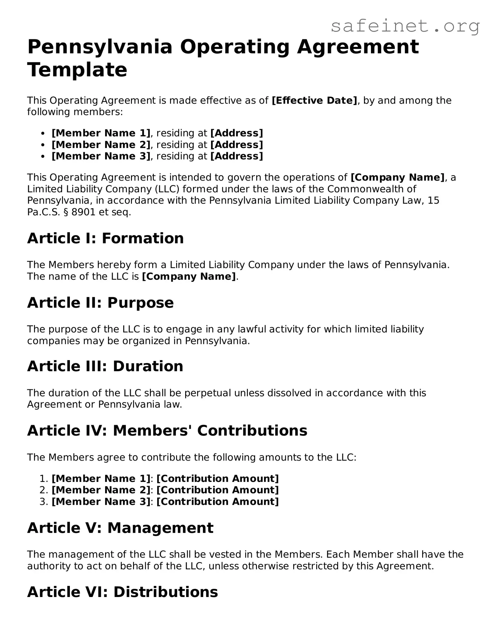Valid Operating Agreement Template for the State of Pennsylvania