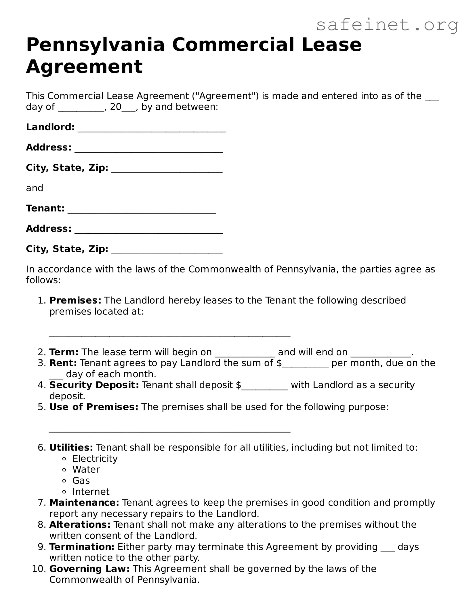 Valid Commercial Lease Agreement Template for the State of Pennsylvania