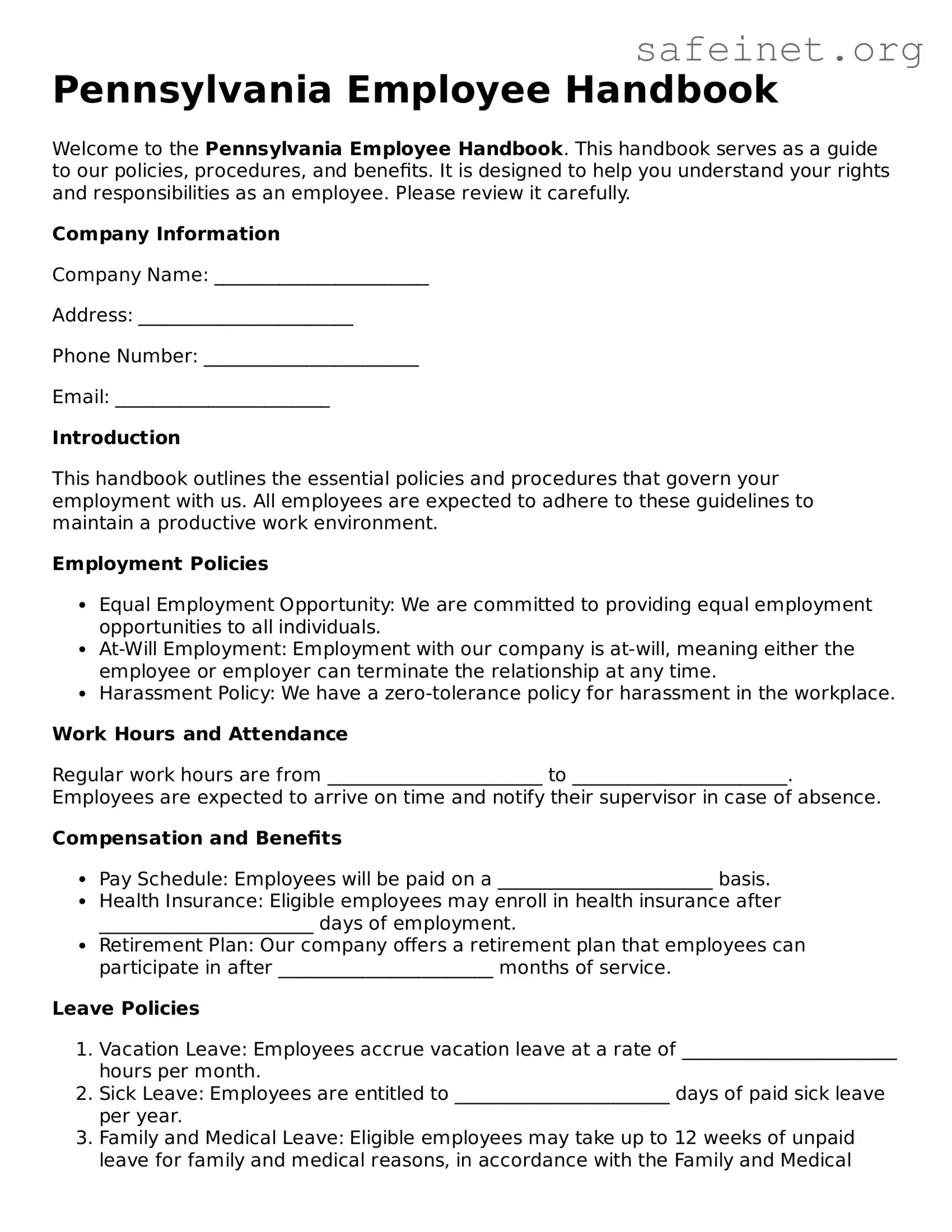 Valid Employee Handbook Template for the State of Pennsylvania