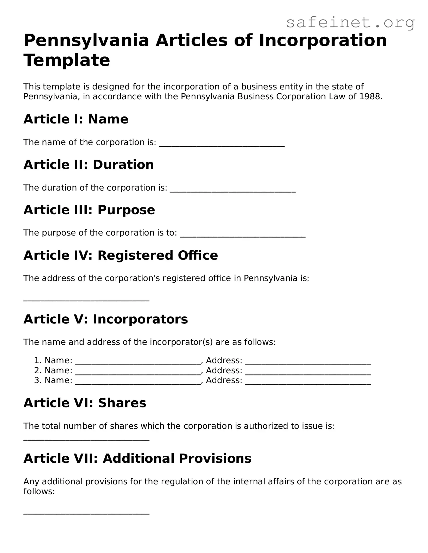 Valid Articles of Incorporation Template for the State of Pennsylvania