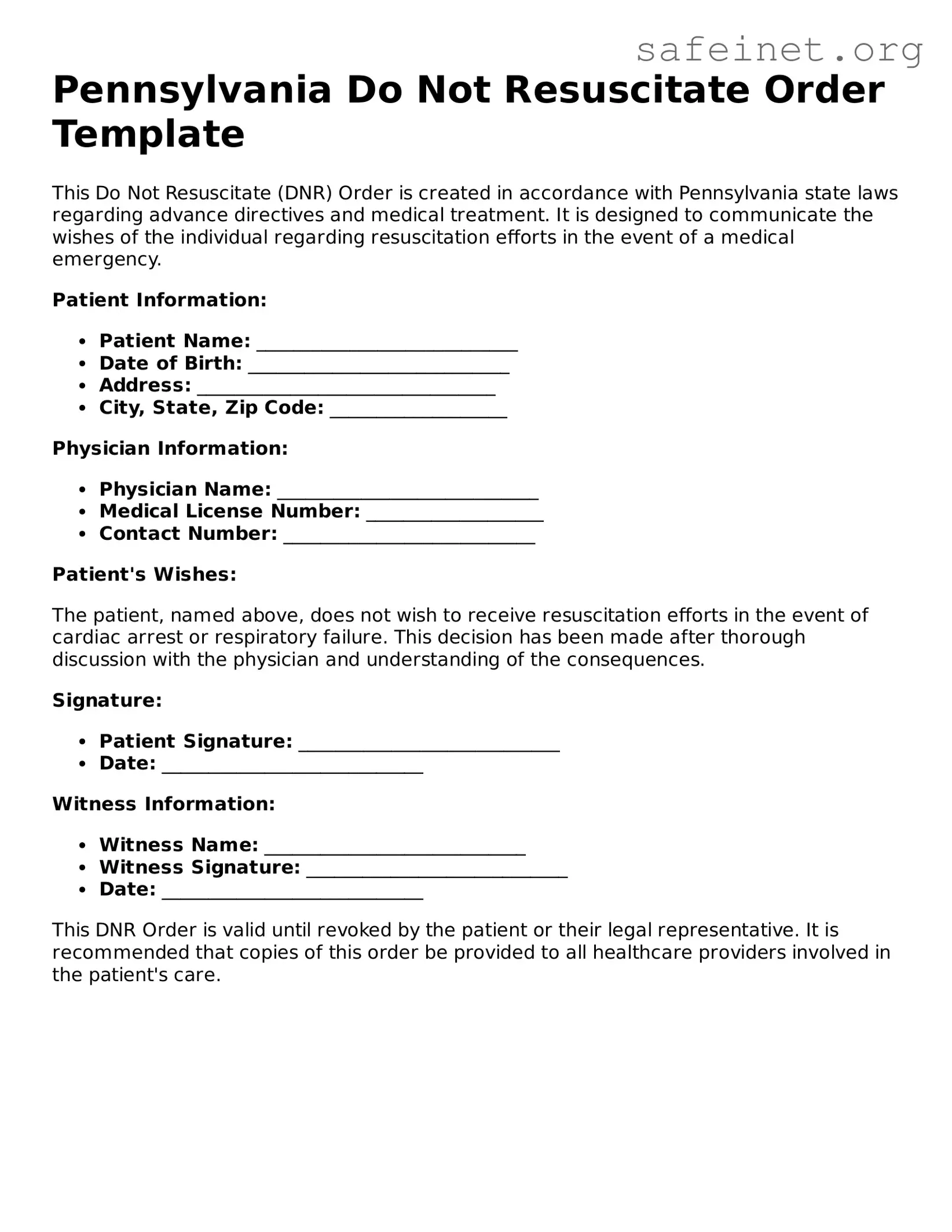 Valid Do Not Resuscitate Order Template for the State of Pennsylvania