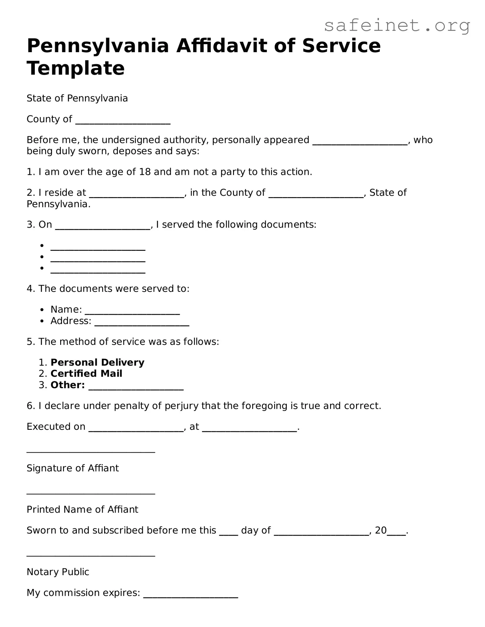 Valid Affidavit of Service Template for the State of Pennsylvania