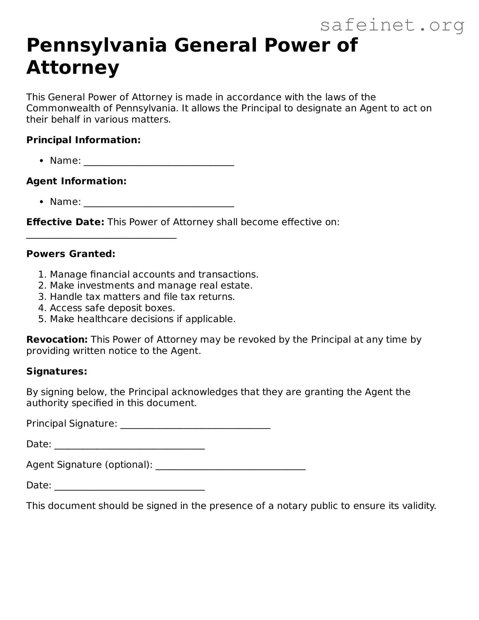 Valid General Power of Attorney Template for the State of Pennsylvania