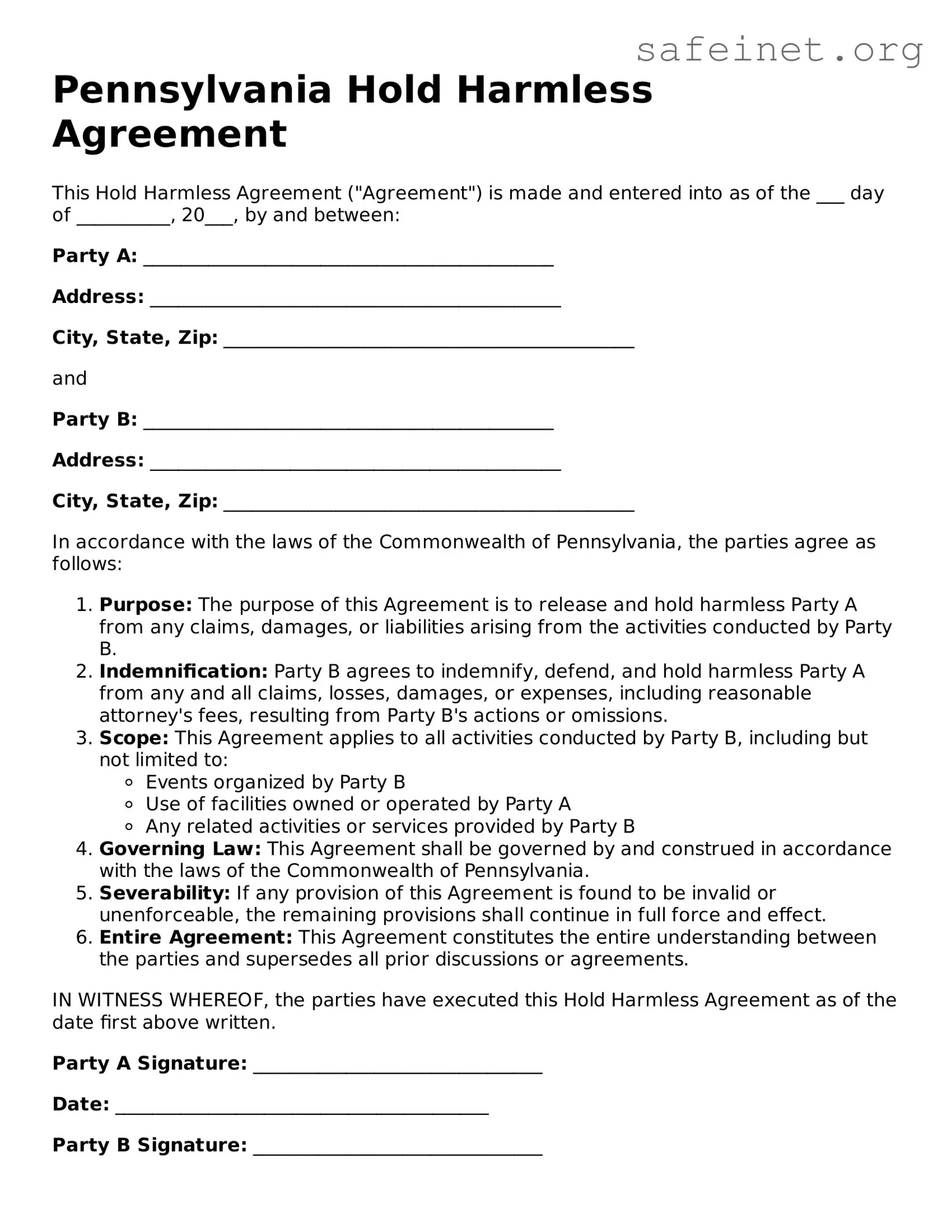 Valid Hold Harmless Agreement Template for the State of Pennsylvania