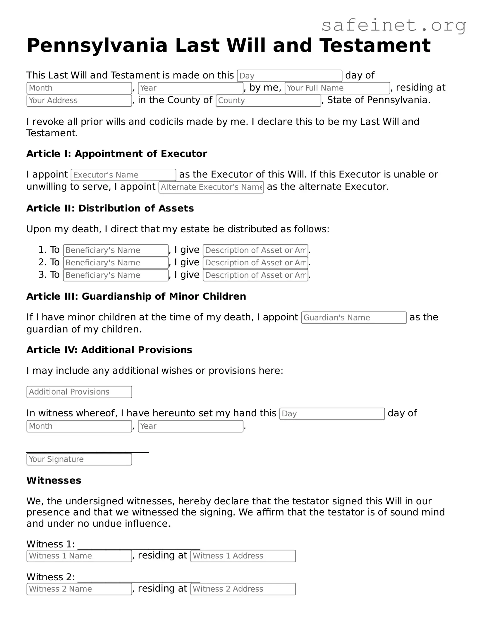 Valid Last Will and Testament Template for the State of Pennsylvania