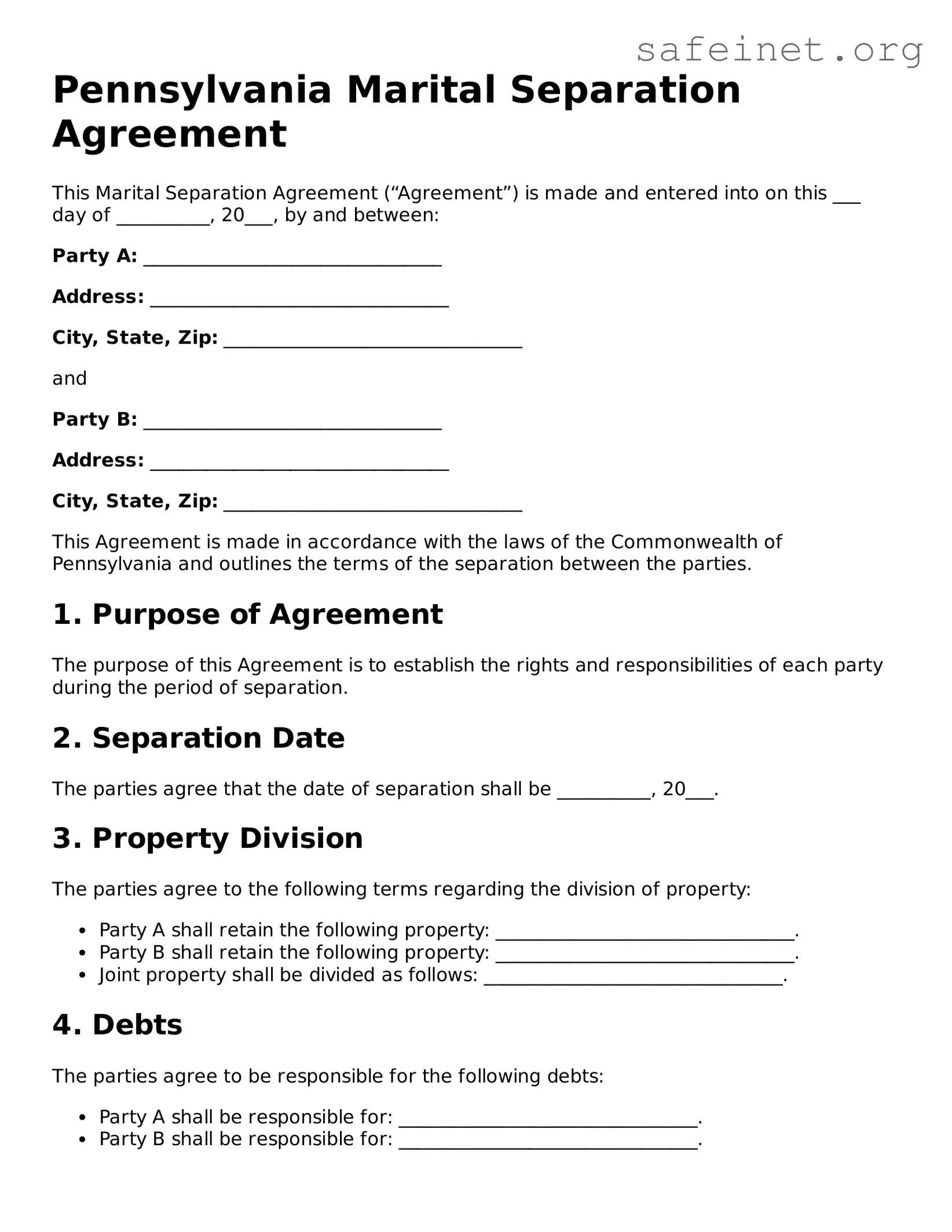 Valid Marital Separation Agreement Template for the State of Pennsylvania