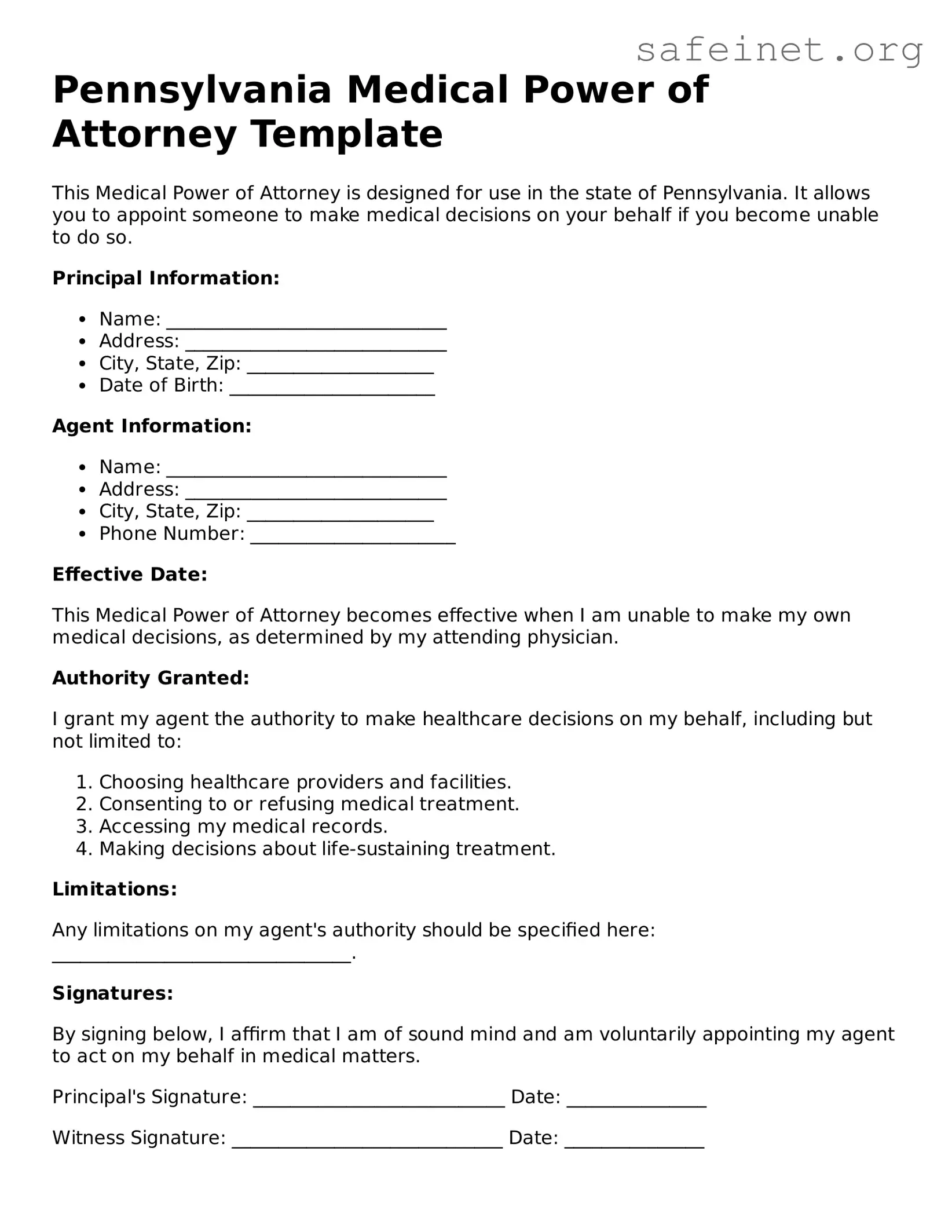 Valid Medical Power of Attorney Template for the State of Pennsylvania