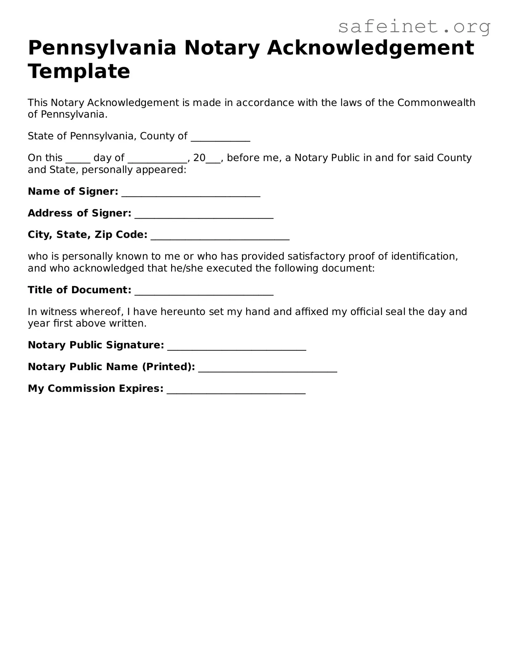 Valid Notary Acknowledgement Template for the State of Pennsylvania