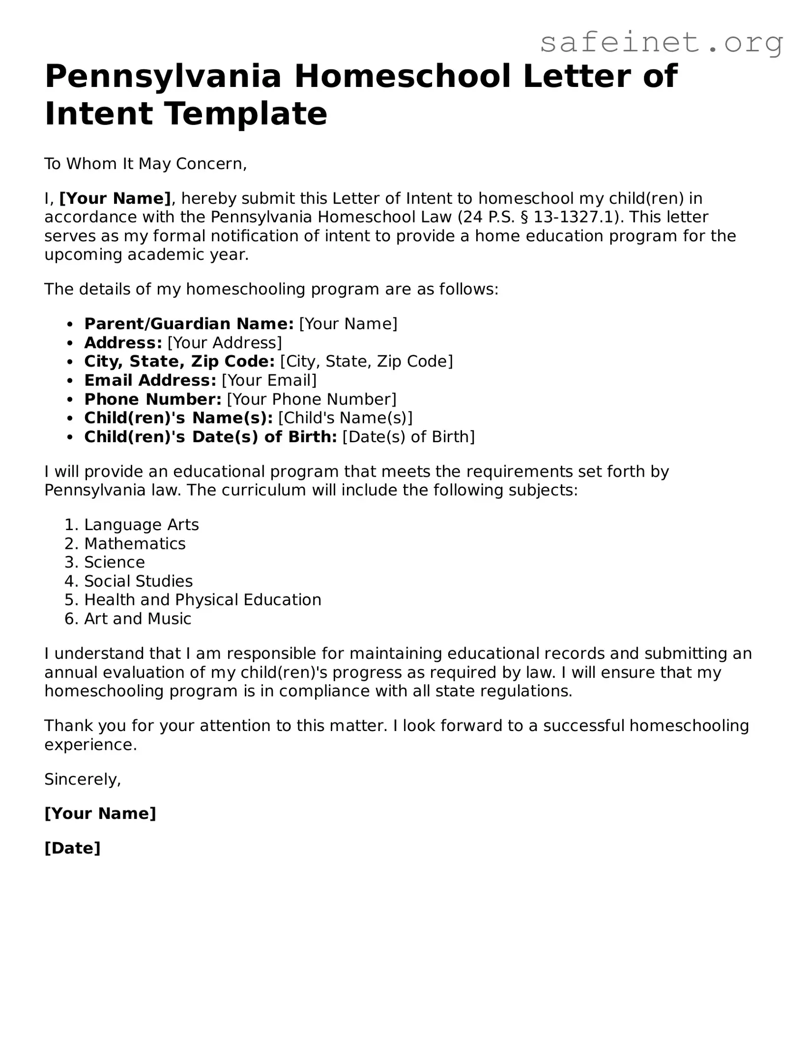Valid Homeschool Letter of Intent Template for the State of Pennsylvania