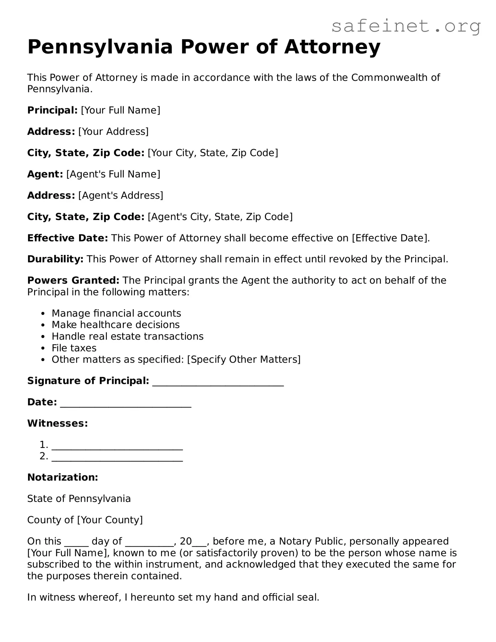 Valid Power of Attorney Template for the State of Pennsylvania