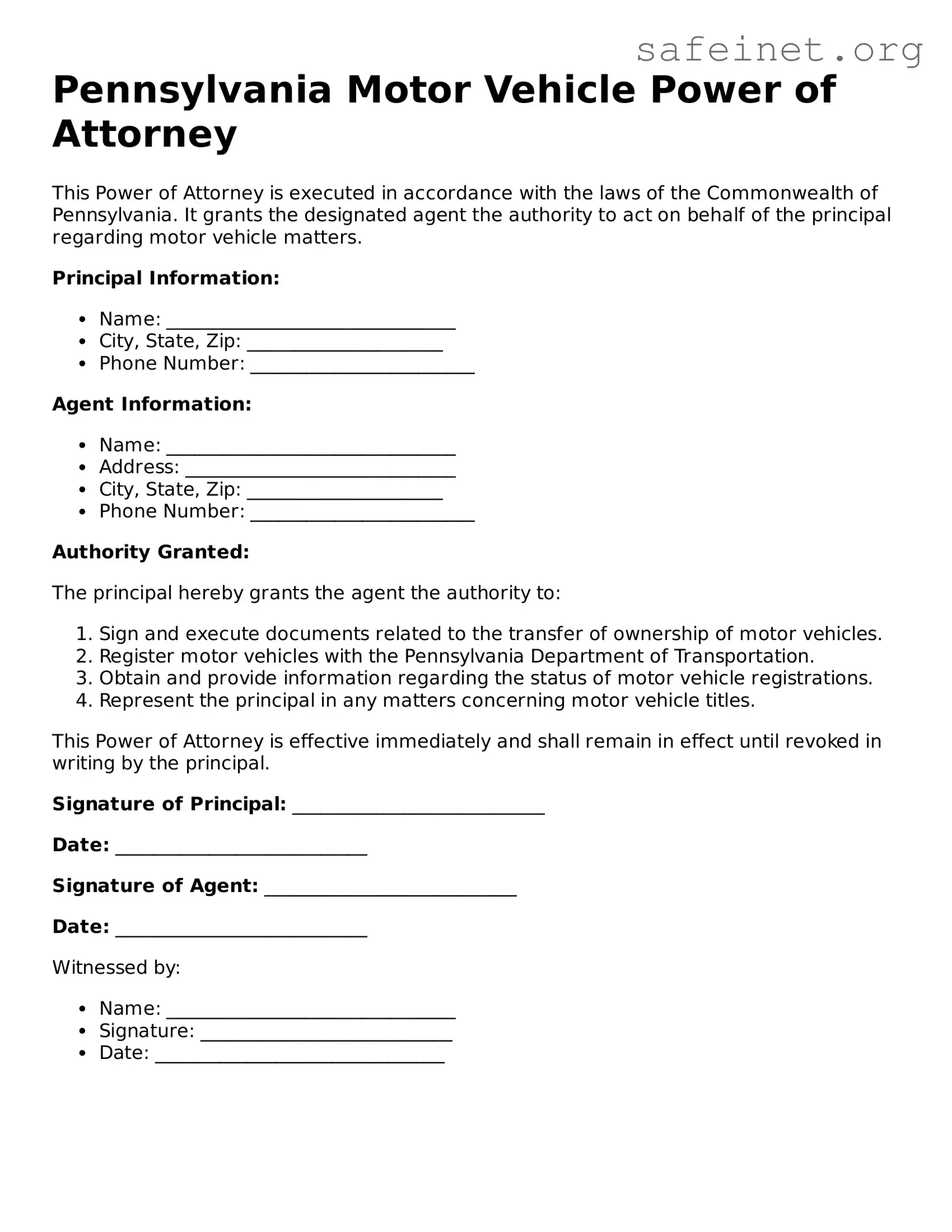 Valid Motor Vehicle Power of Attorney Template for the State of Pennsylvania