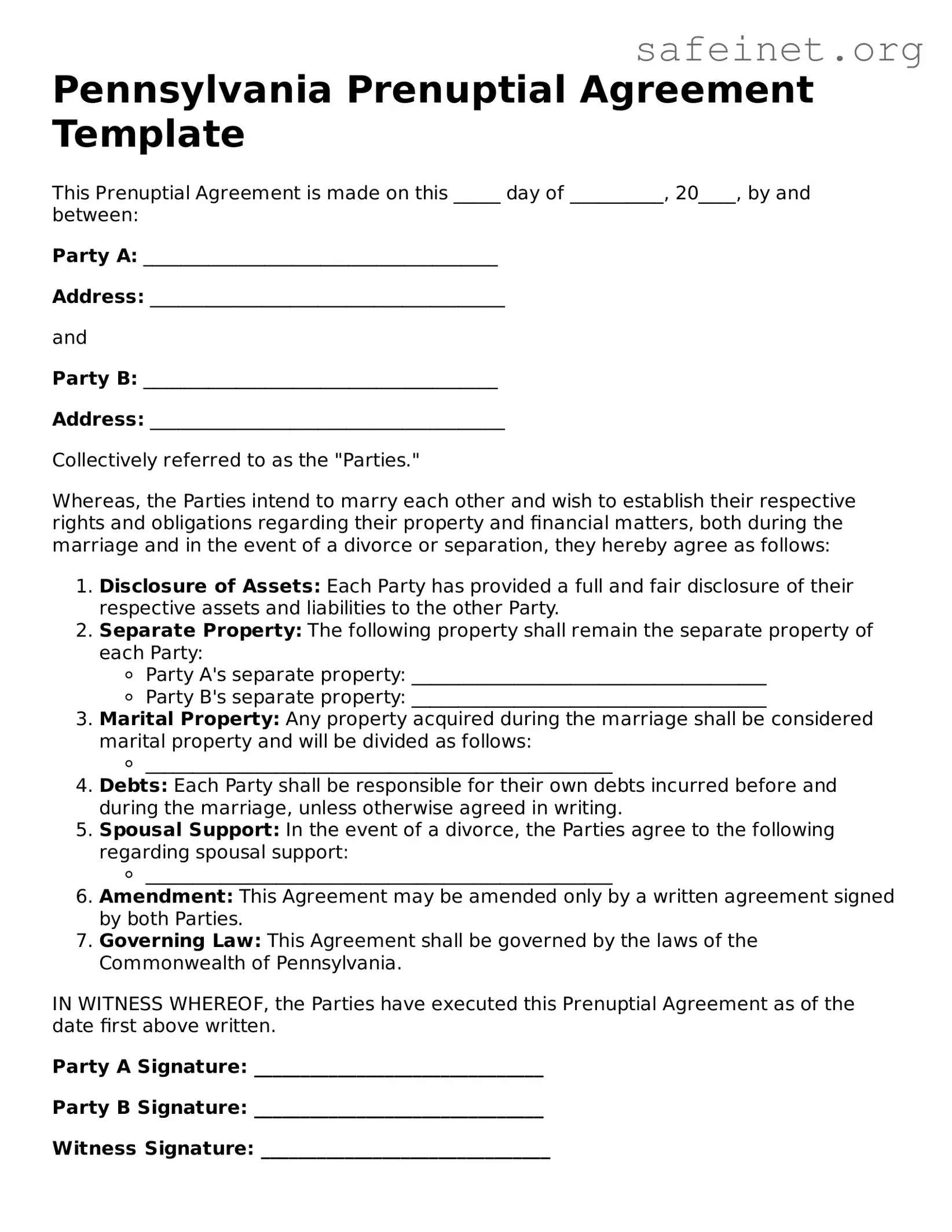 Valid Prenuptial Agreement Template for the State of Pennsylvania