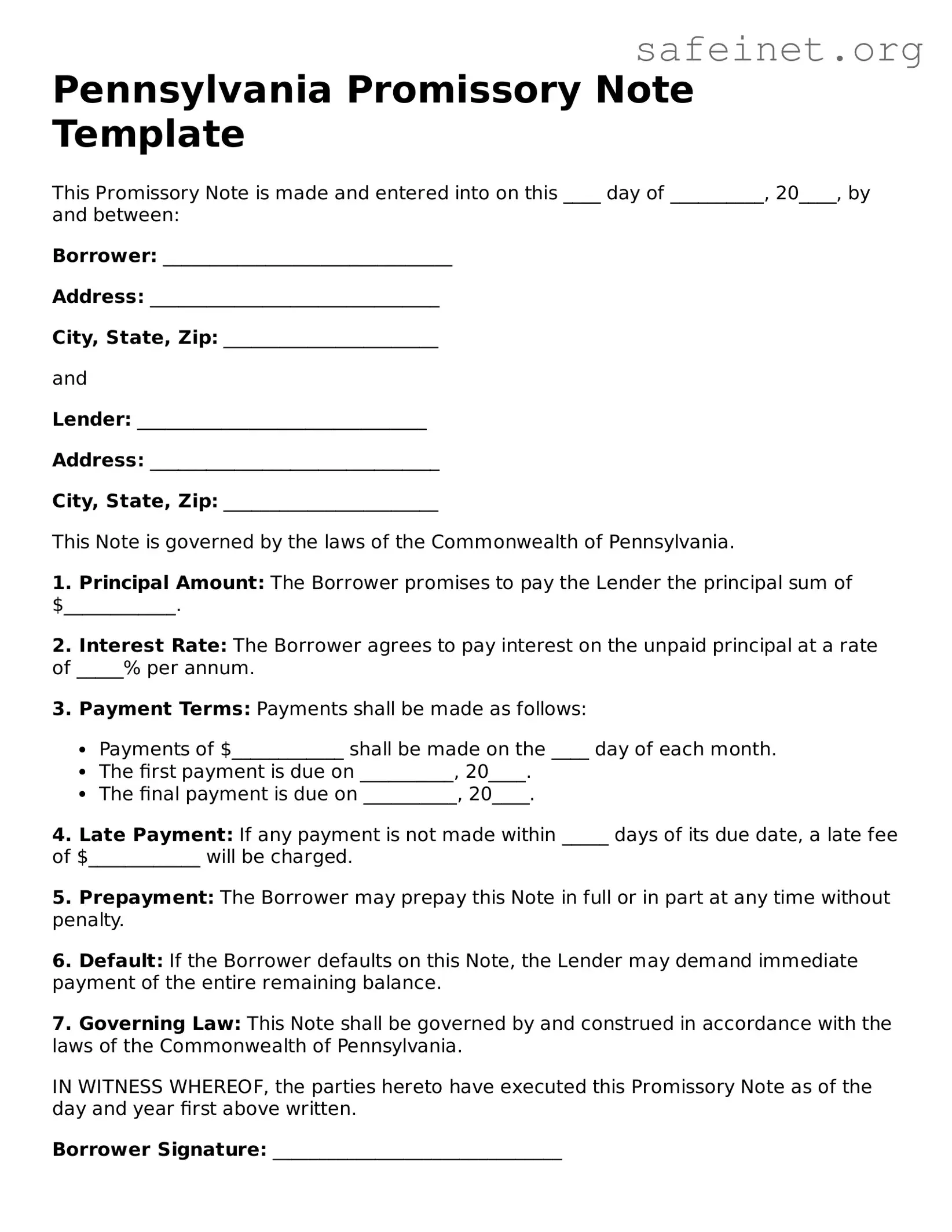 Valid Promissory Note Template for the State of Pennsylvania