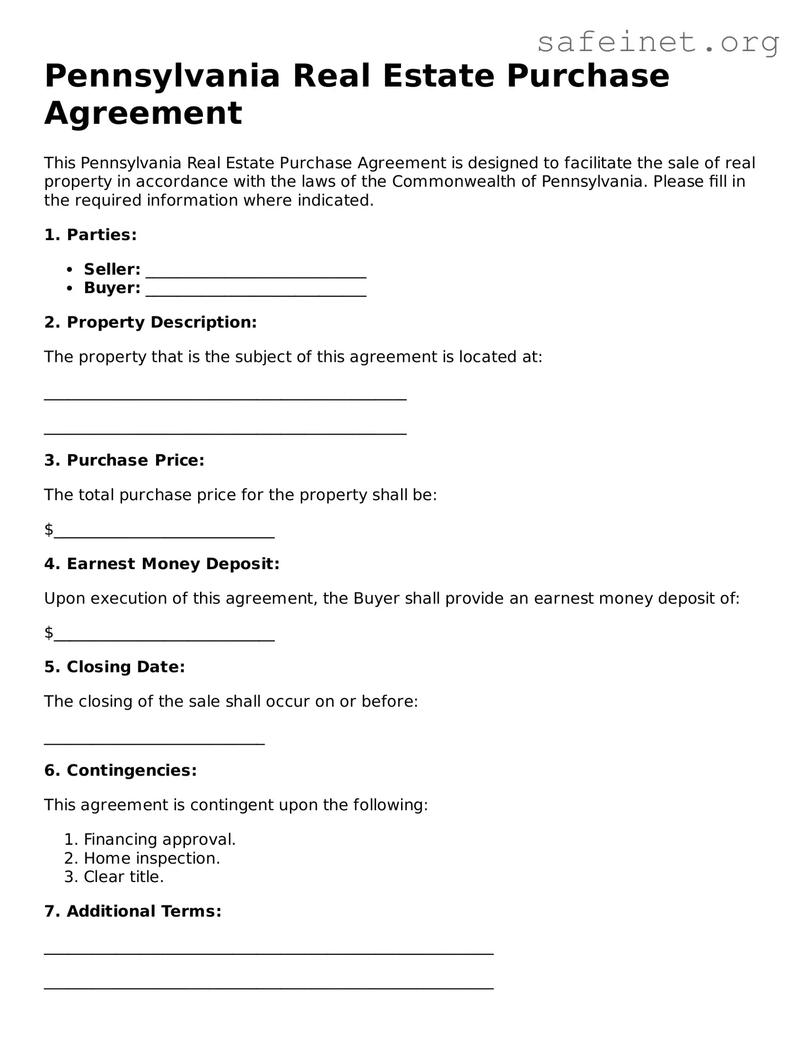 Valid Real Estate Purchase Agreement Template for the State of Pennsylvania