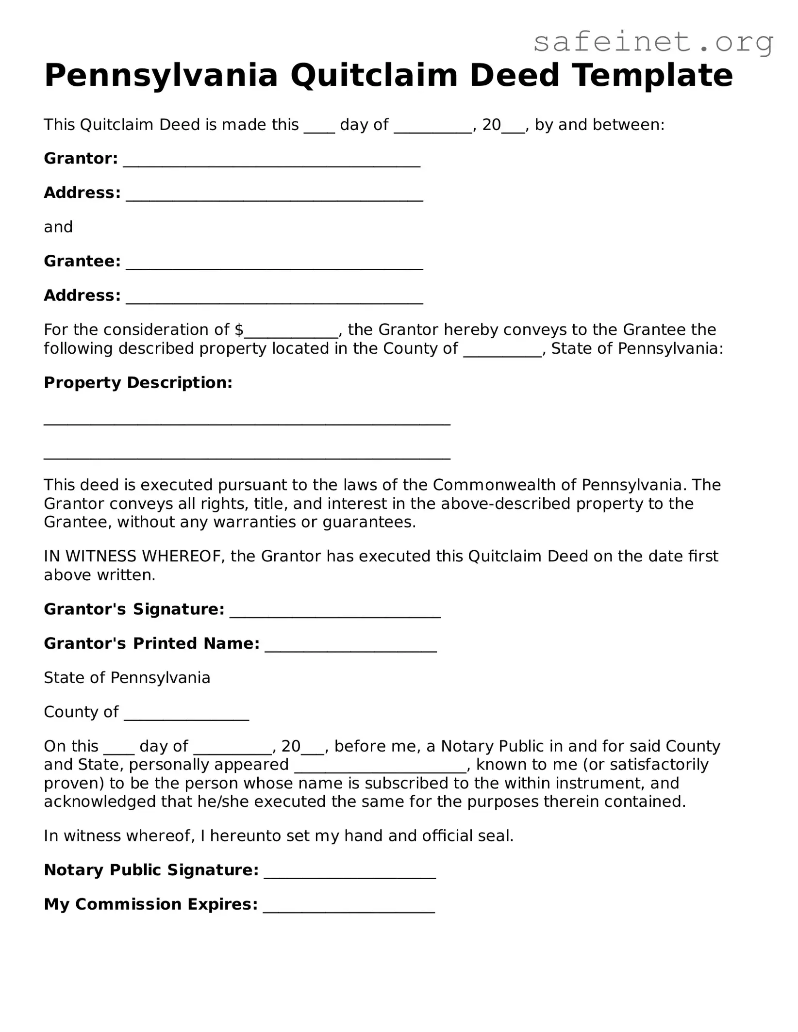 Valid Quitclaim Deed Template for the State of Pennsylvania