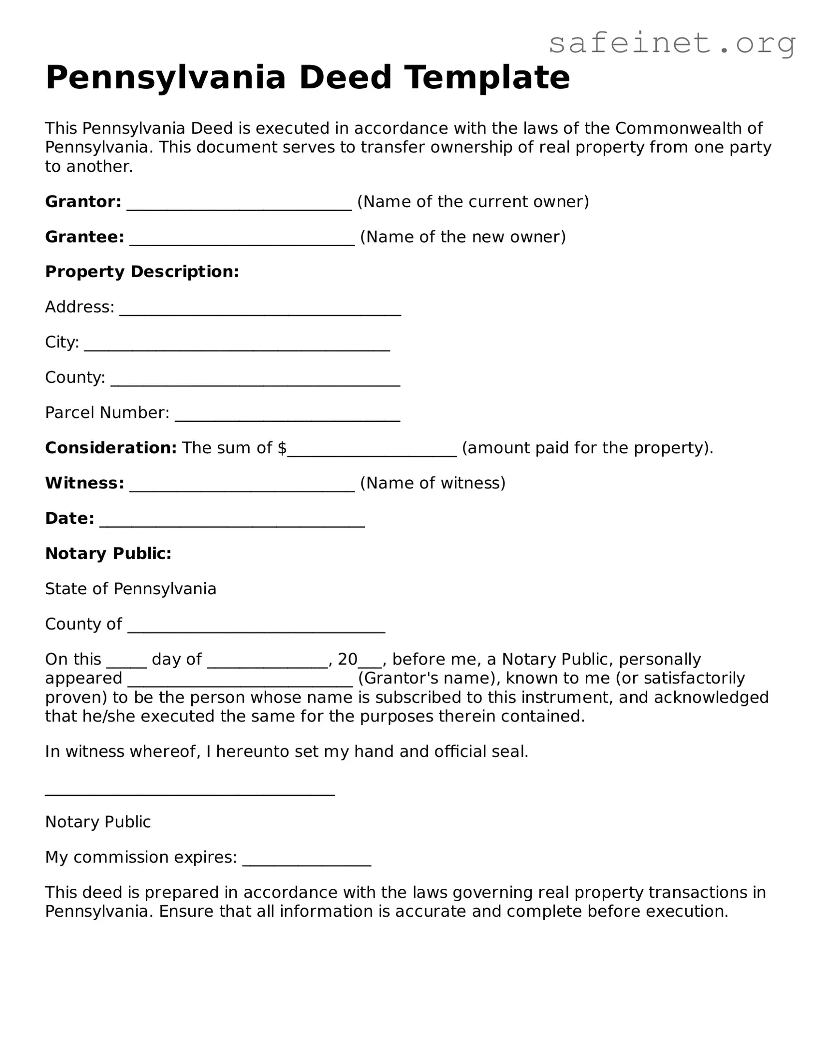 Valid Deed Template for the State of Pennsylvania