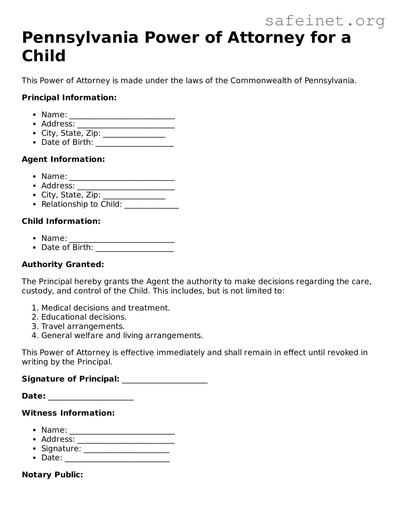 Valid Power of Attorney for a Child Template for the State of Pennsylvania