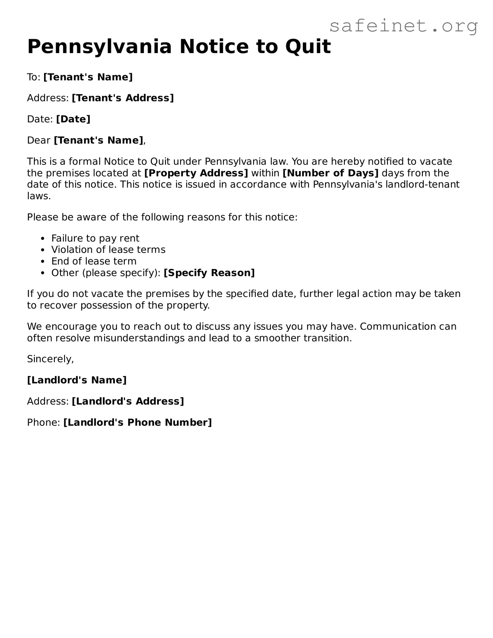 Valid Notice to Quit Template for the State of Pennsylvania