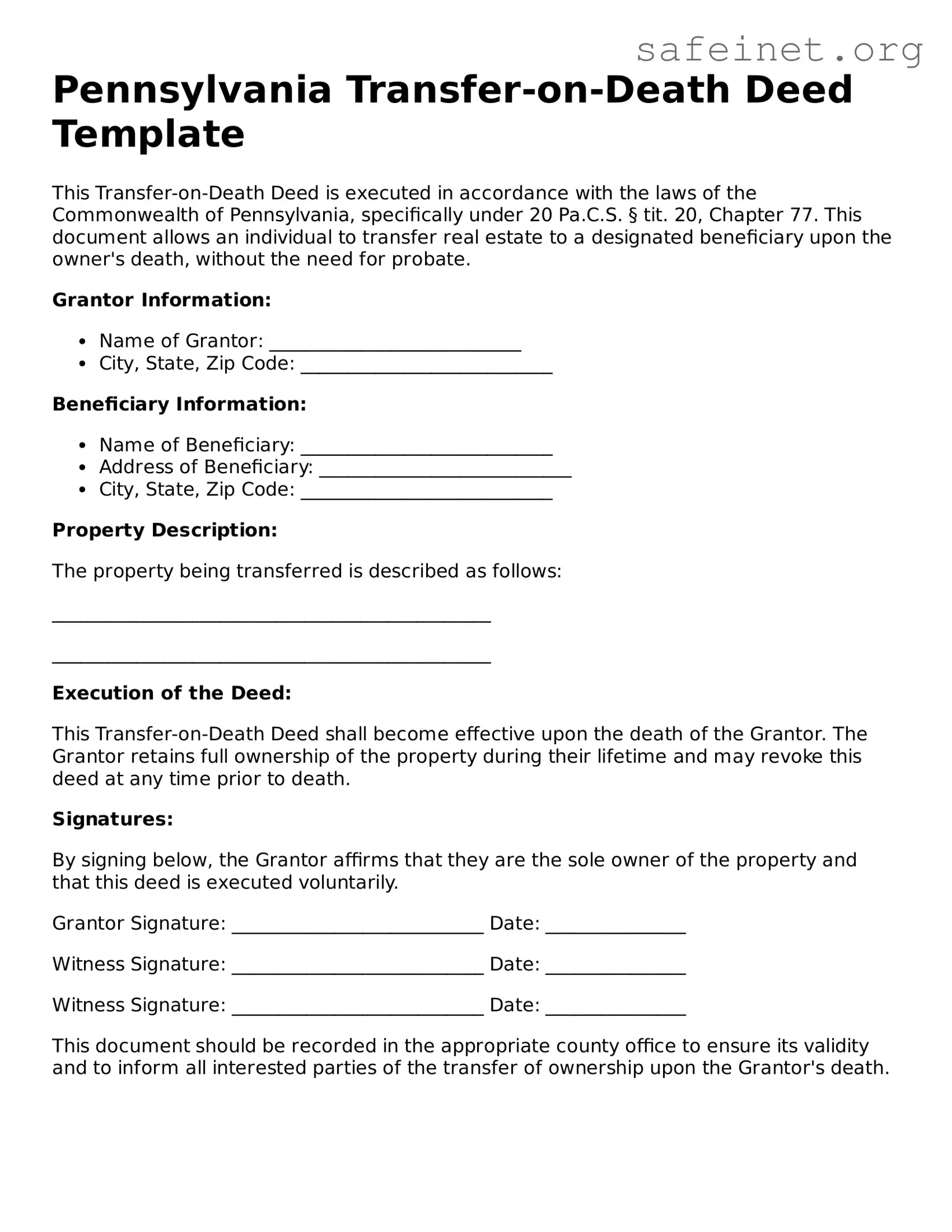 Valid Transfer-on-Death Deed Template for the State of Pennsylvania