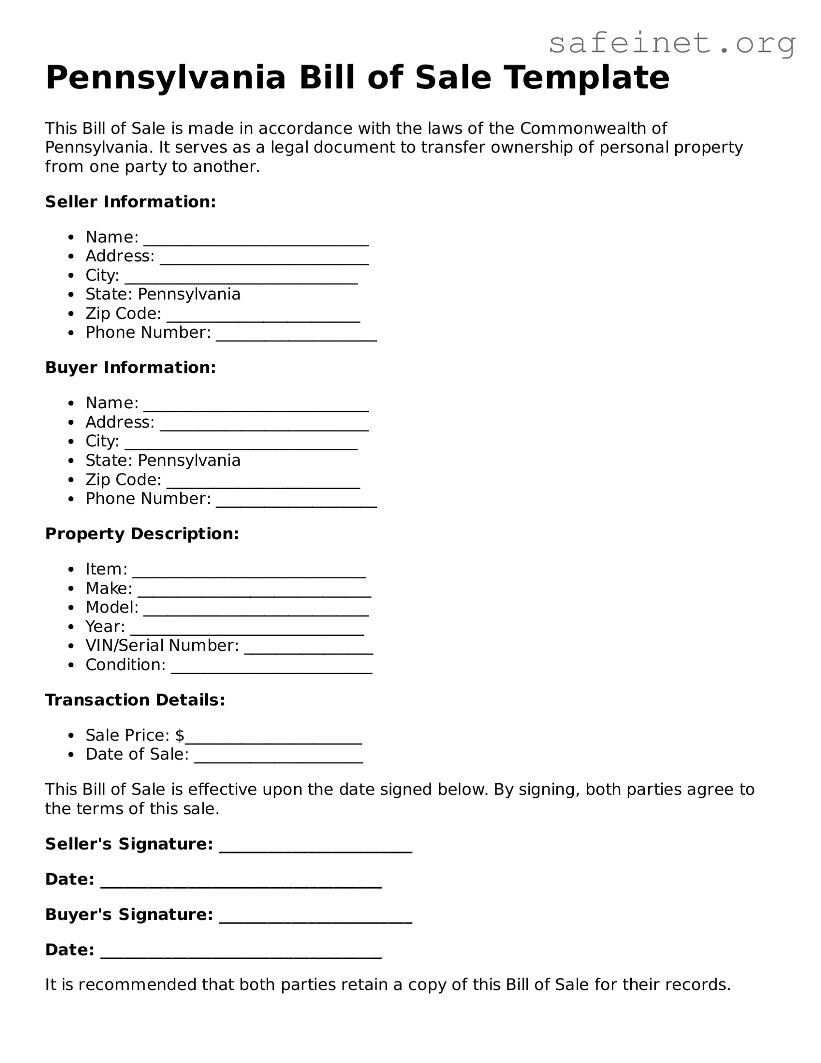 Valid Bill of Sale Template for the State of Pennsylvania