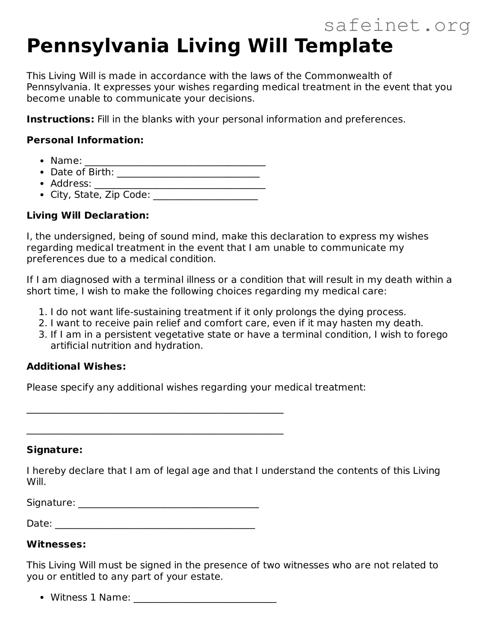 Valid Living Will Template for the State of Pennsylvania