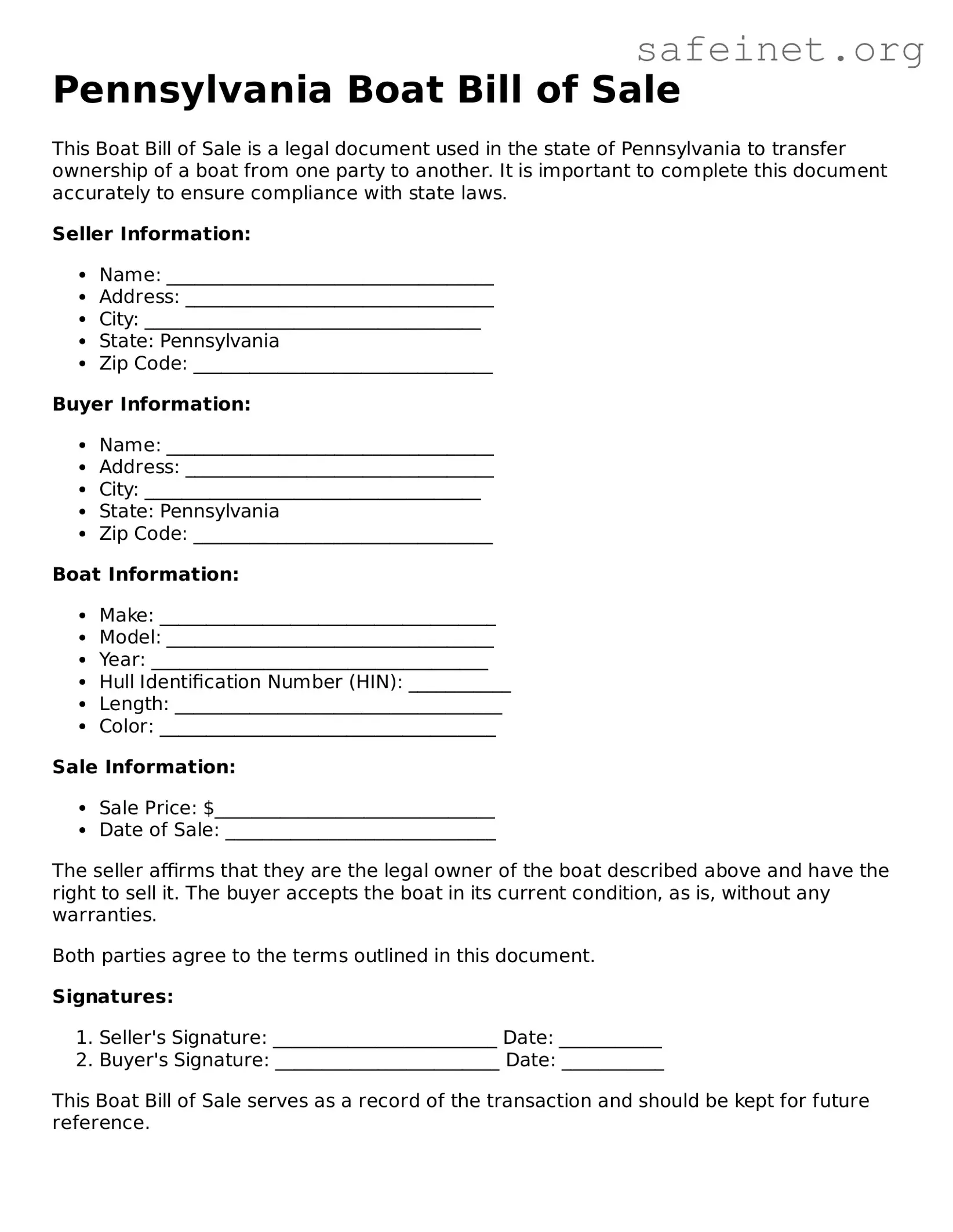 Valid Boat Bill of Sale Template for the State of Pennsylvania